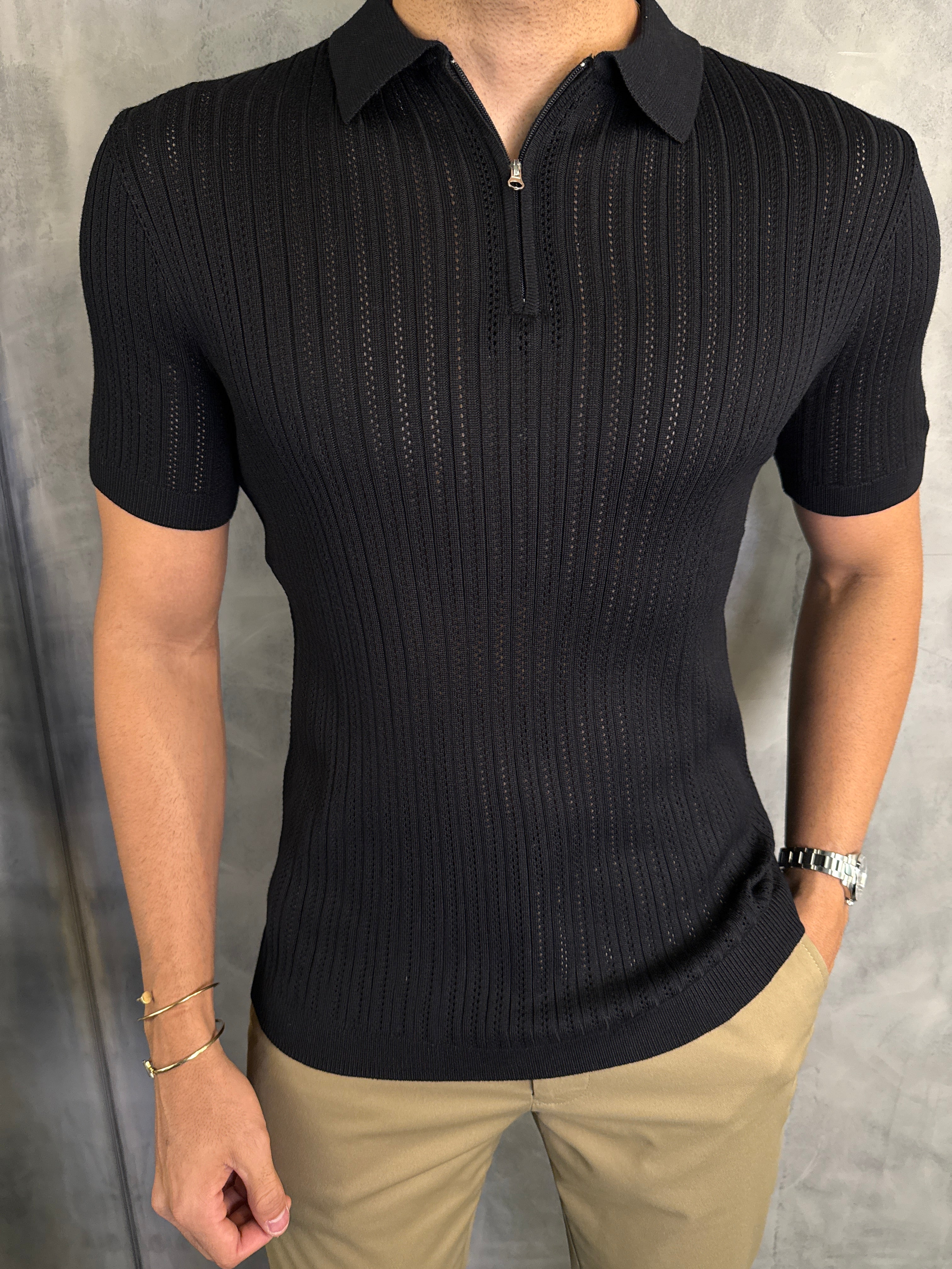 POLO TRICOT ZIPER TEXTURIZADA PONTO H