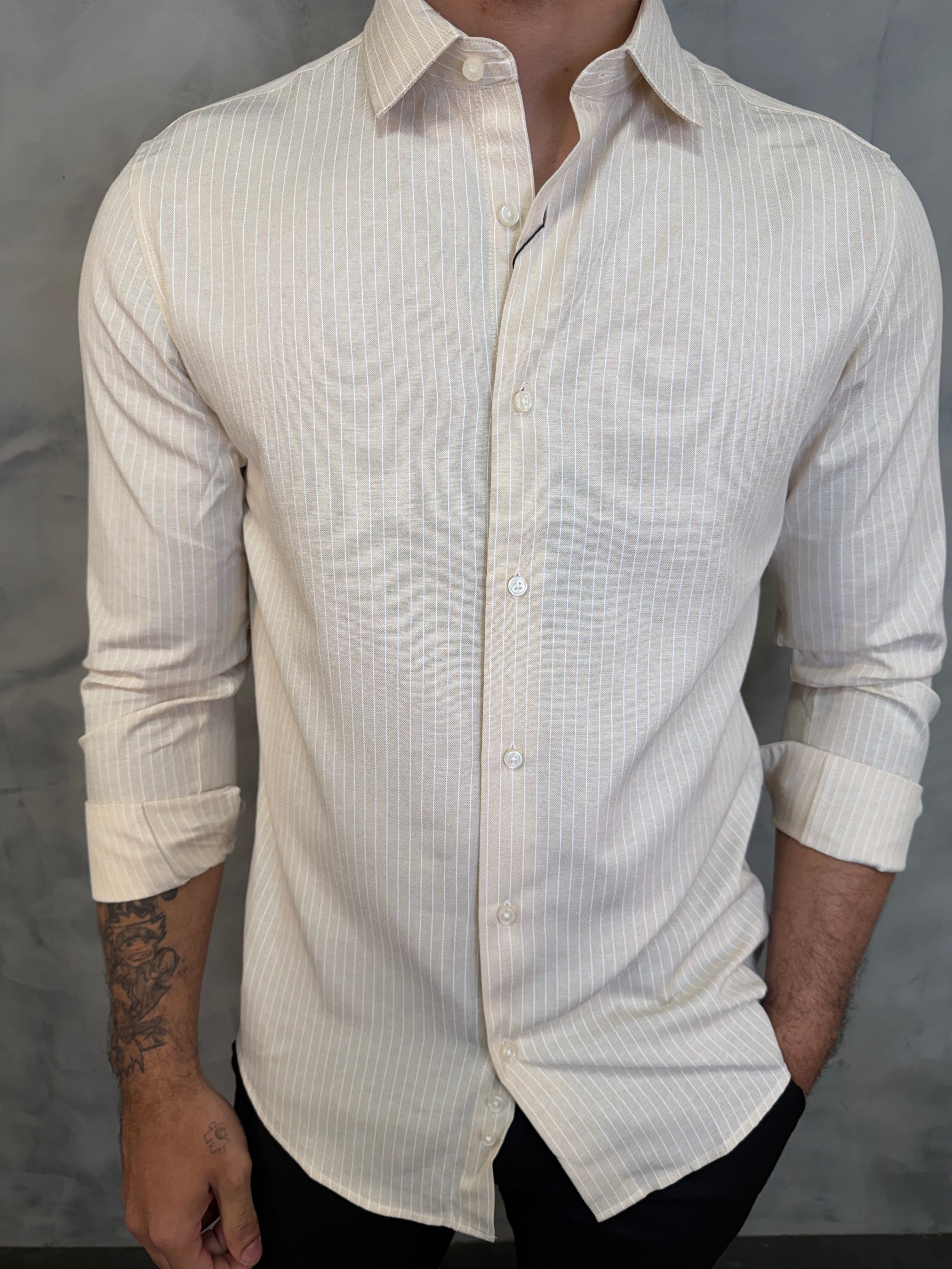 CAMISA M/L OXFORD LISTRAS ZAFFERANO BEGE