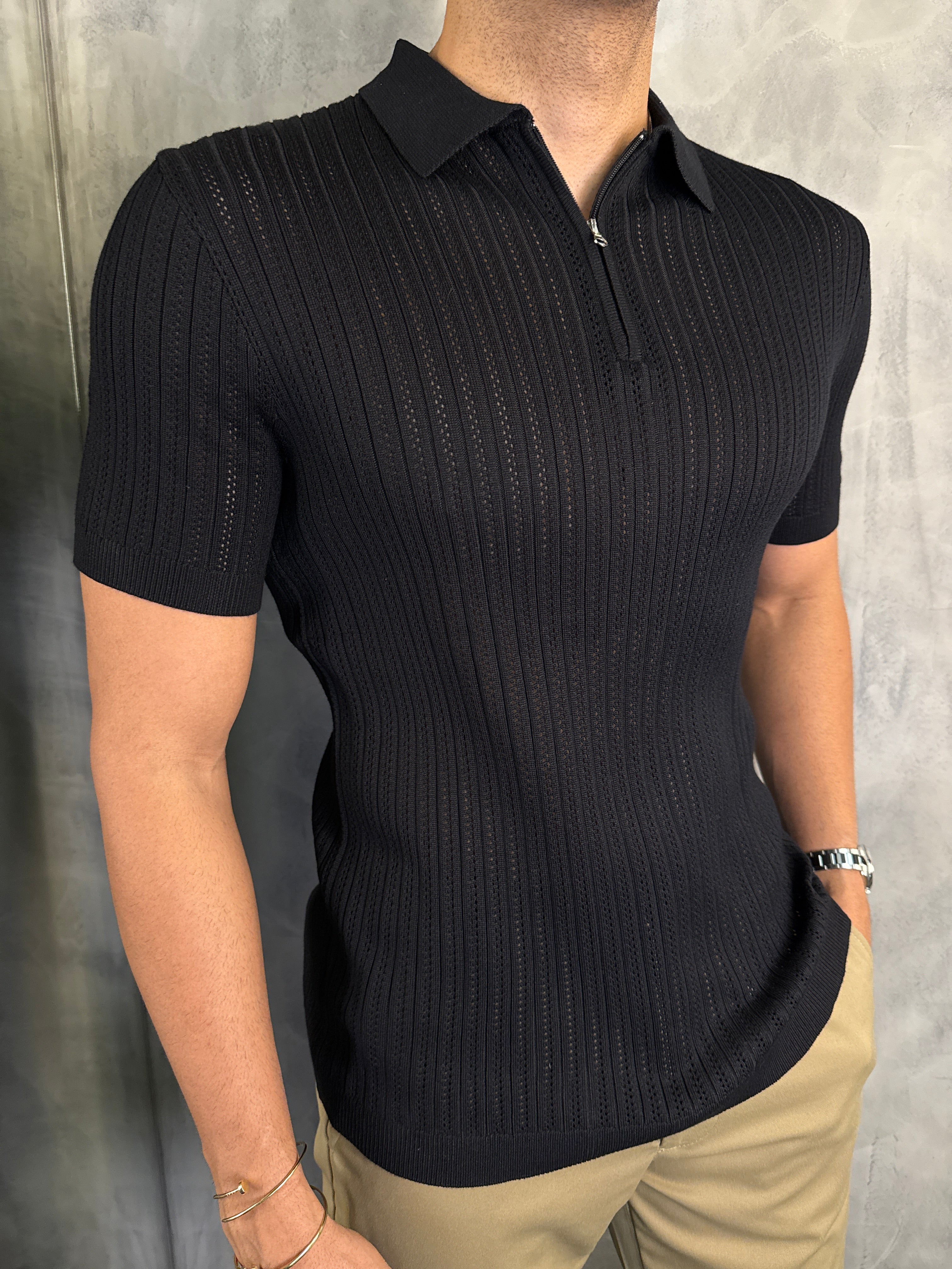 POLO TRICOT ZIPER TEXTURIZADA PONTO H