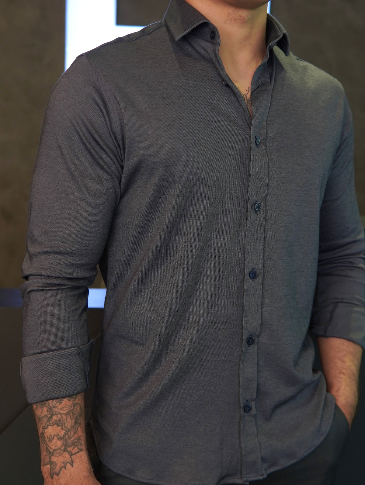 CAMISA M/L ALGODÃO PIMA PONTO H AZUL MARINHO