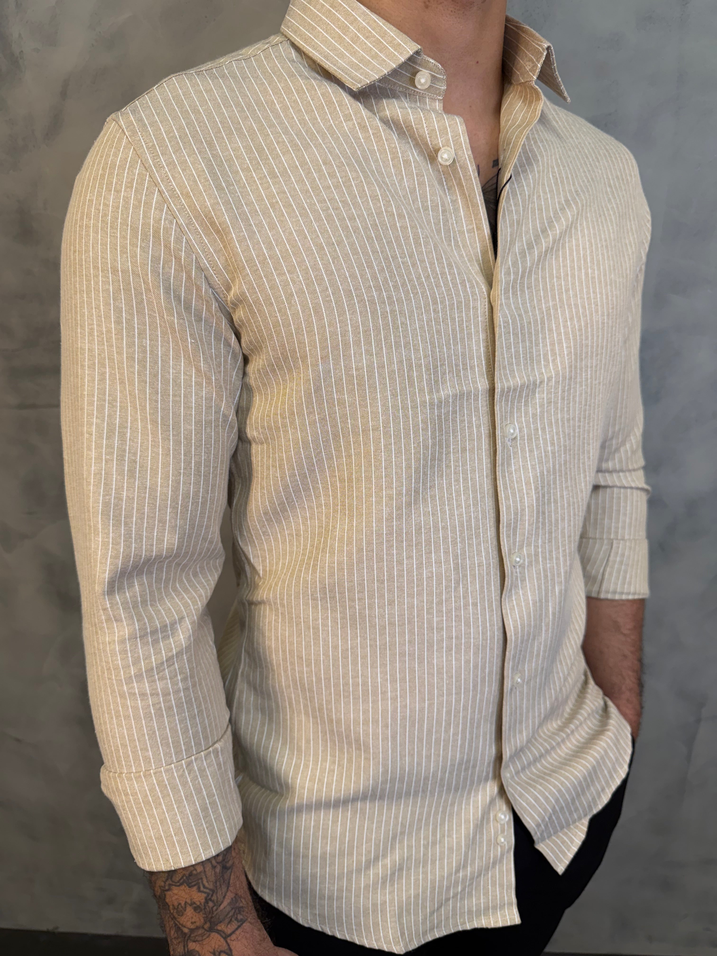 CAMISA M/L OXFORD LISTRAS ZAFFERANO KHAKI