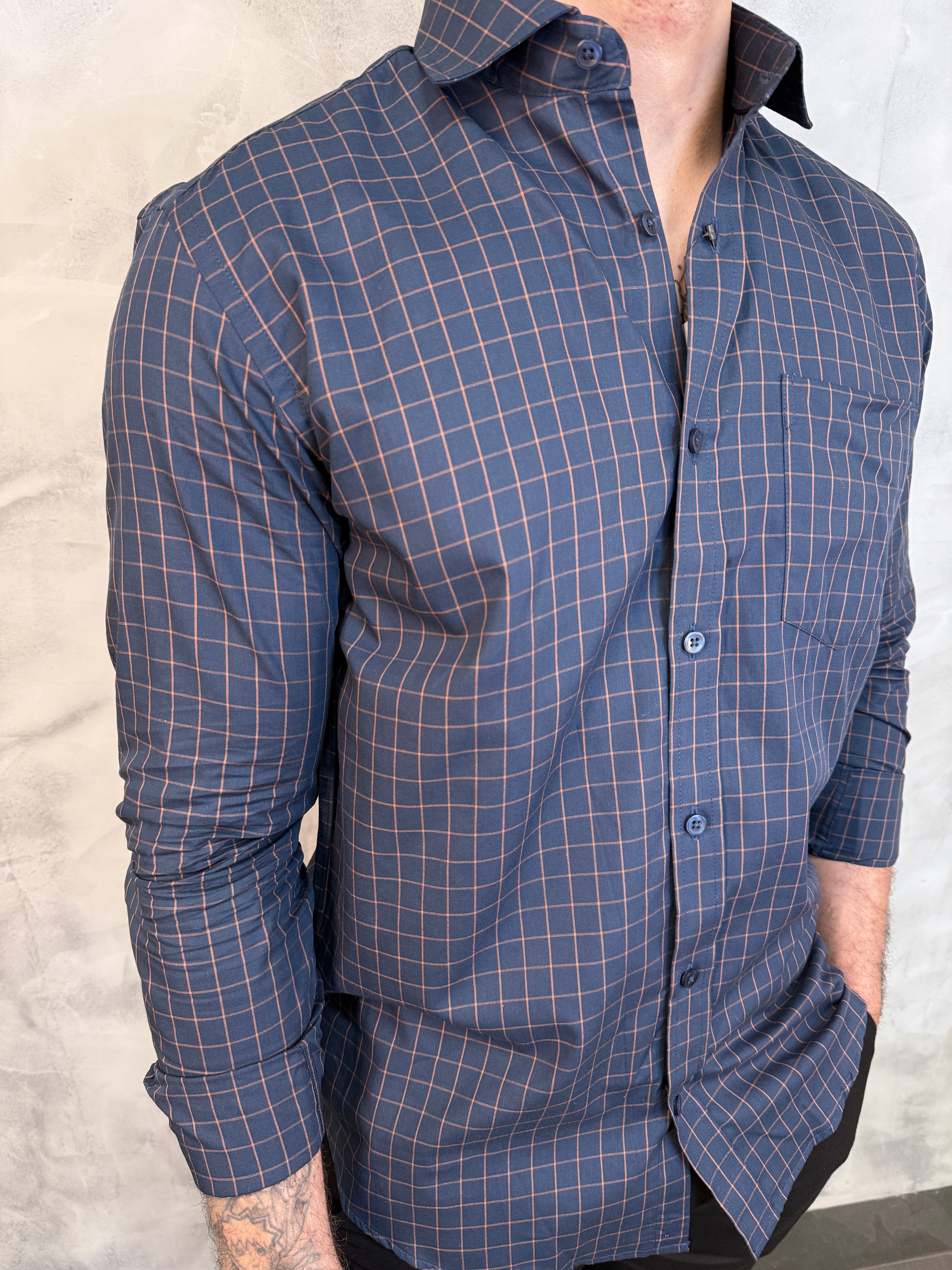 CAMISA M/L ALGODÃO EGÍPCIO XADREZ PONTO H AZUL C/ MARROM