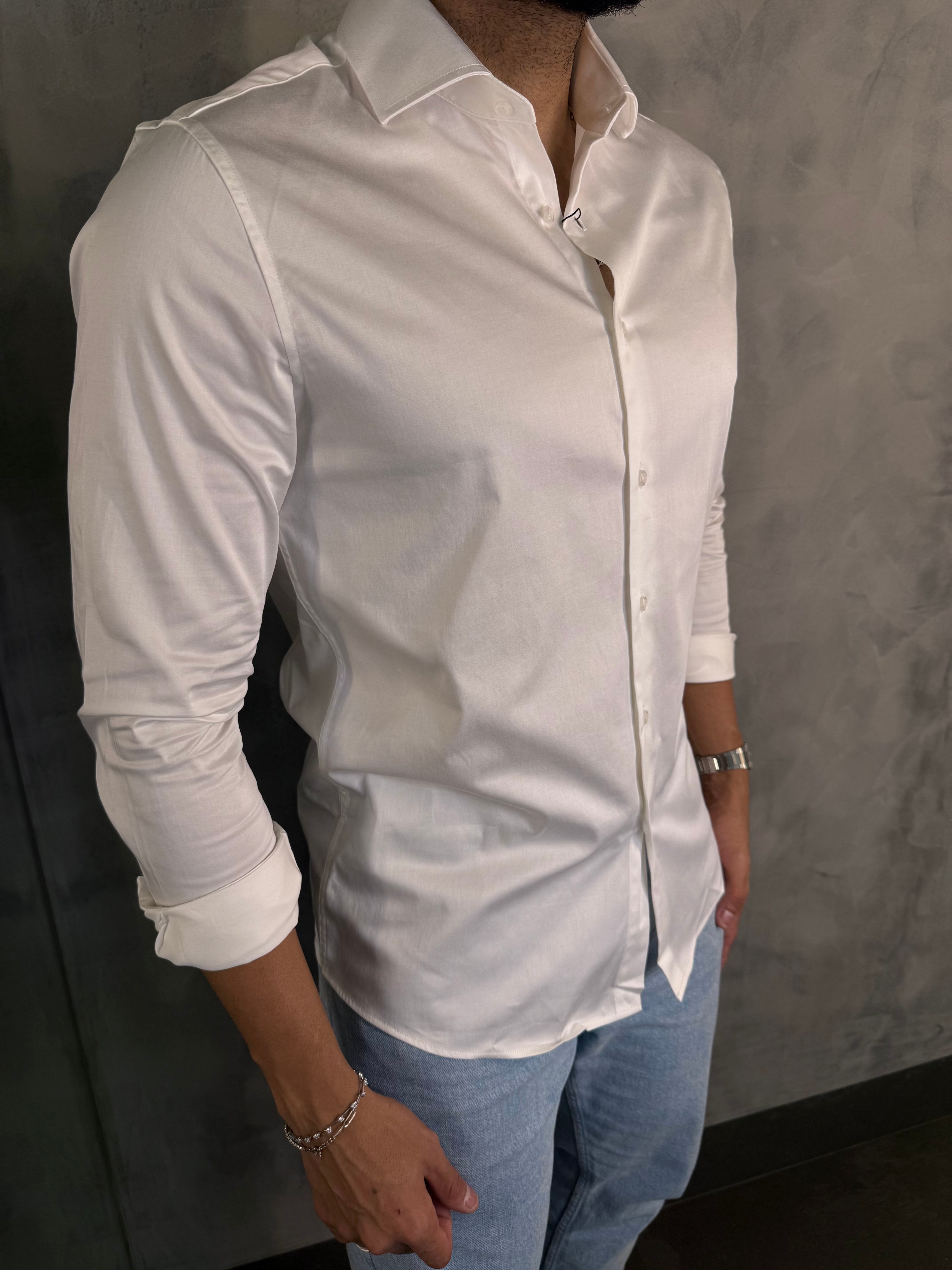 CAMISA M/L CETIM ELASTANO PONTO H BRANCO