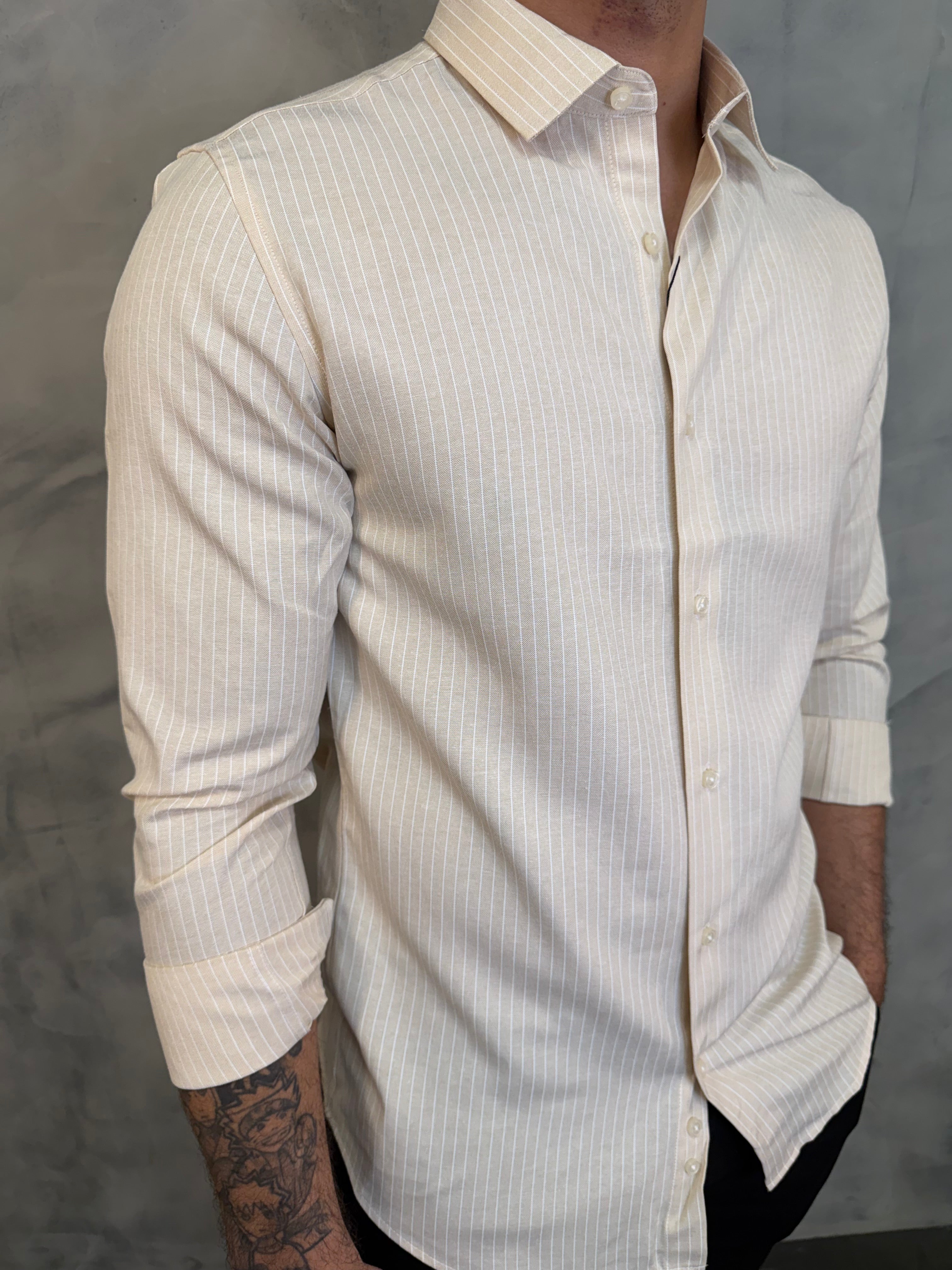 CAMISA M/L OXFORD LISTRAS ZAFFERANO BEGE