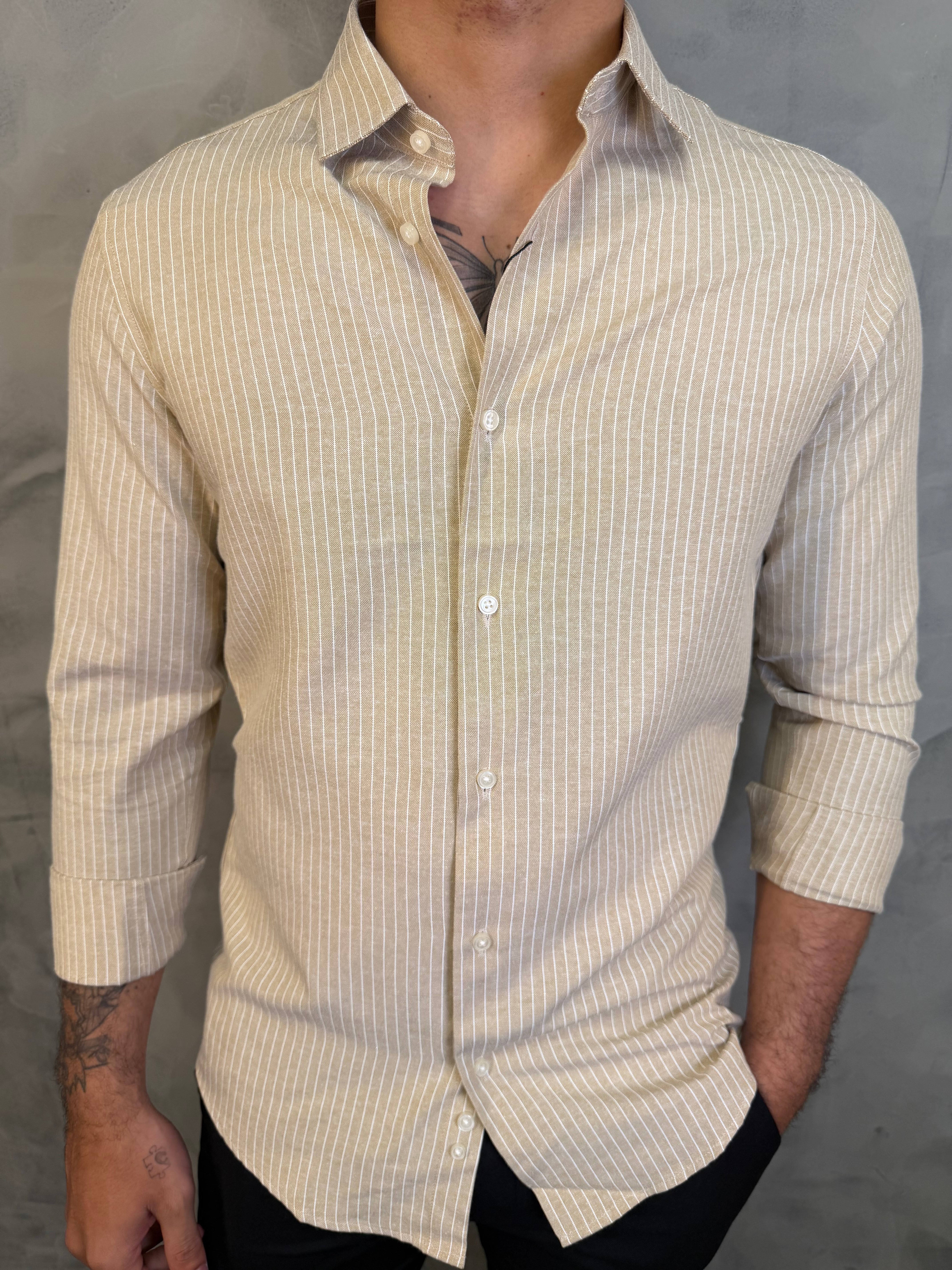 CAMISA M/L OXFORD LISTRAS ZAFFERANO KHAKI