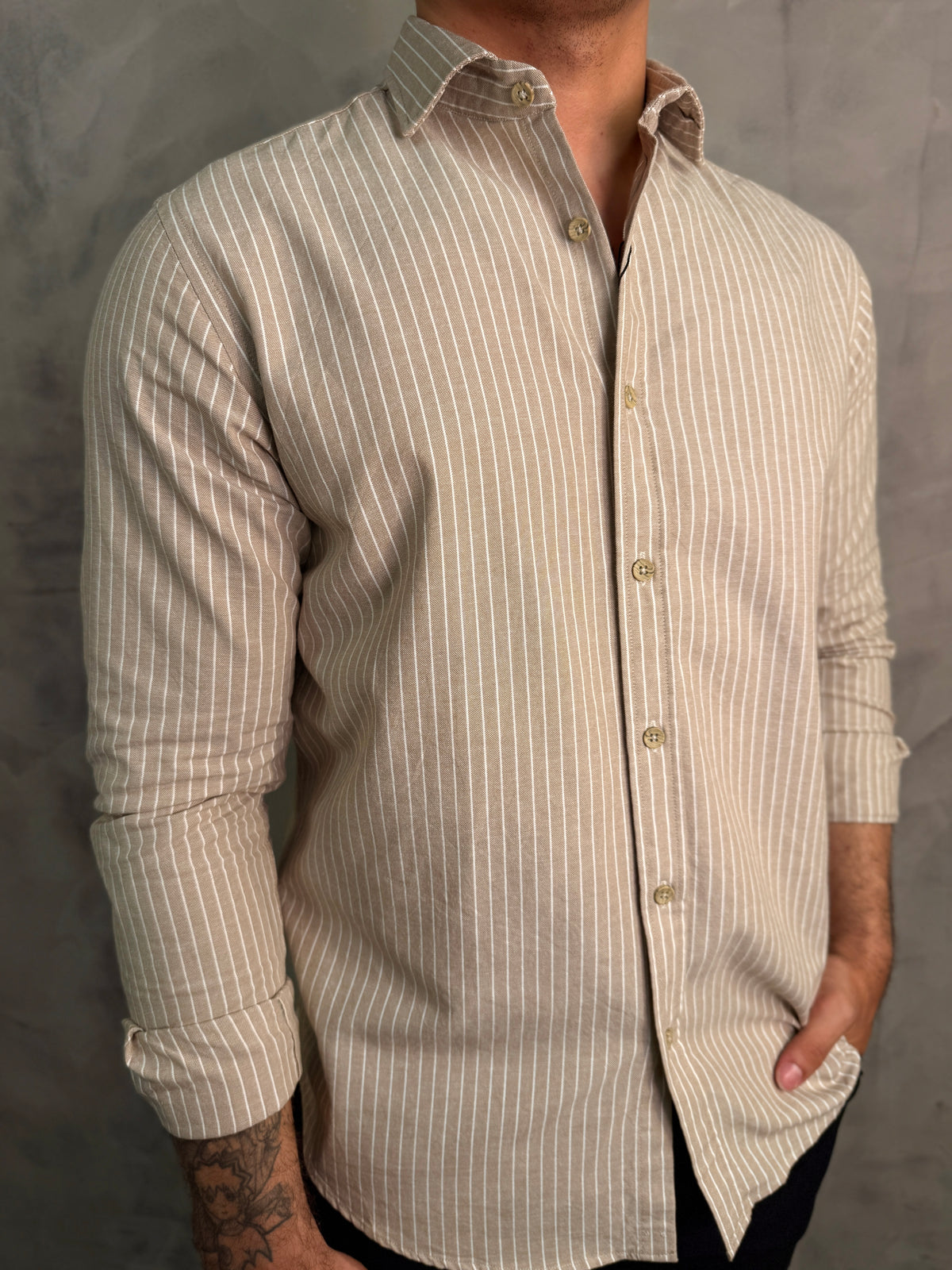 CAMISA M/L PURO ALGODÃO LISTRAS ARMIATHO KHAKI