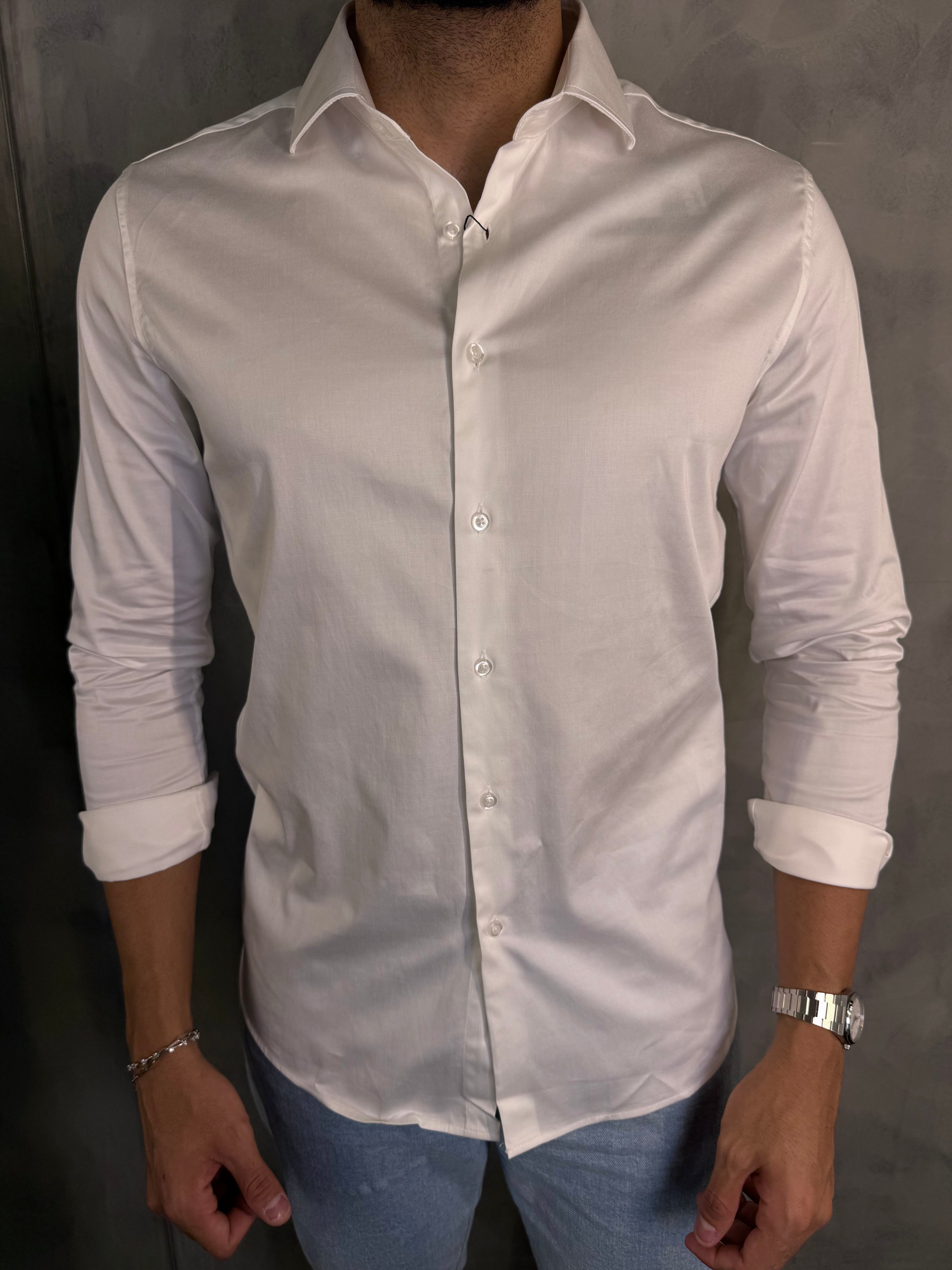 CAMISA M/L CETIM ELASTANO PONTO H BRANCO