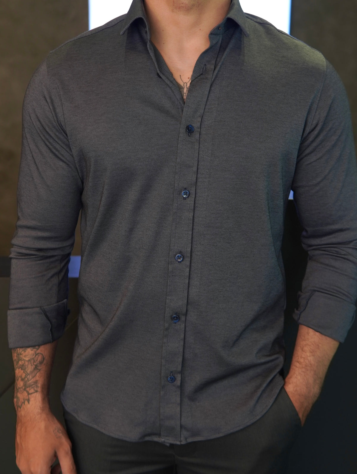 CAMISA M/L ALGODÃO PIMA PONTO H AZUL MARINHO