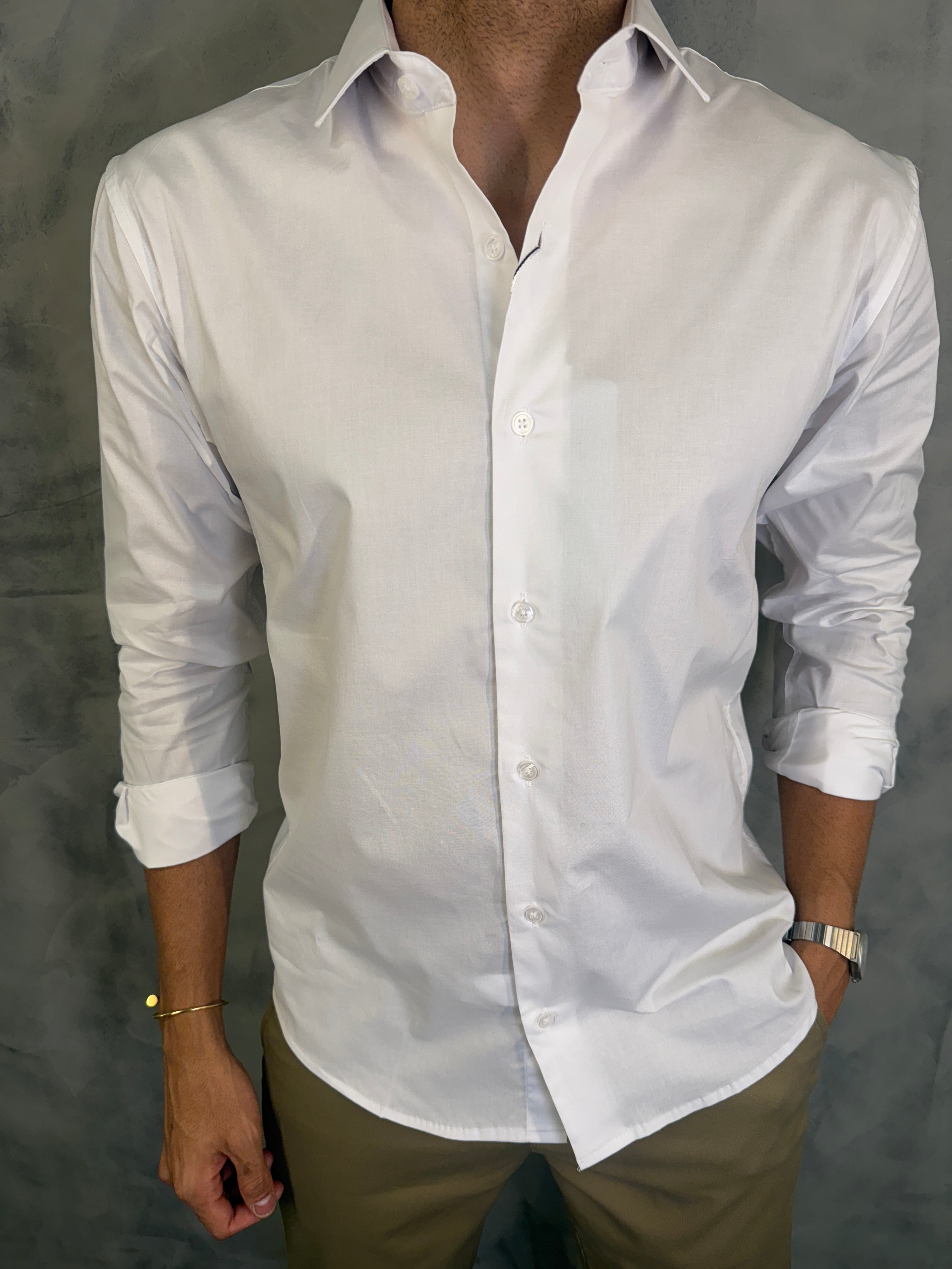 CAMISA M/L SLIM TRICOLINE C/ ELASTANO PONTO H BRANCO