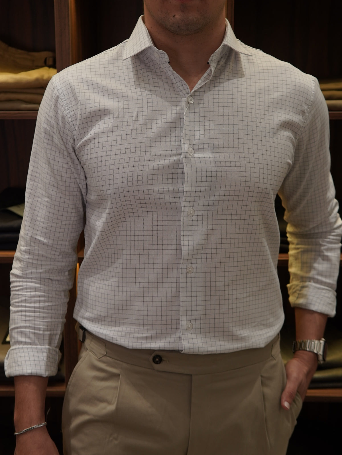 CAMISA M/L SLIM XADREZ PONTO H BRANCO