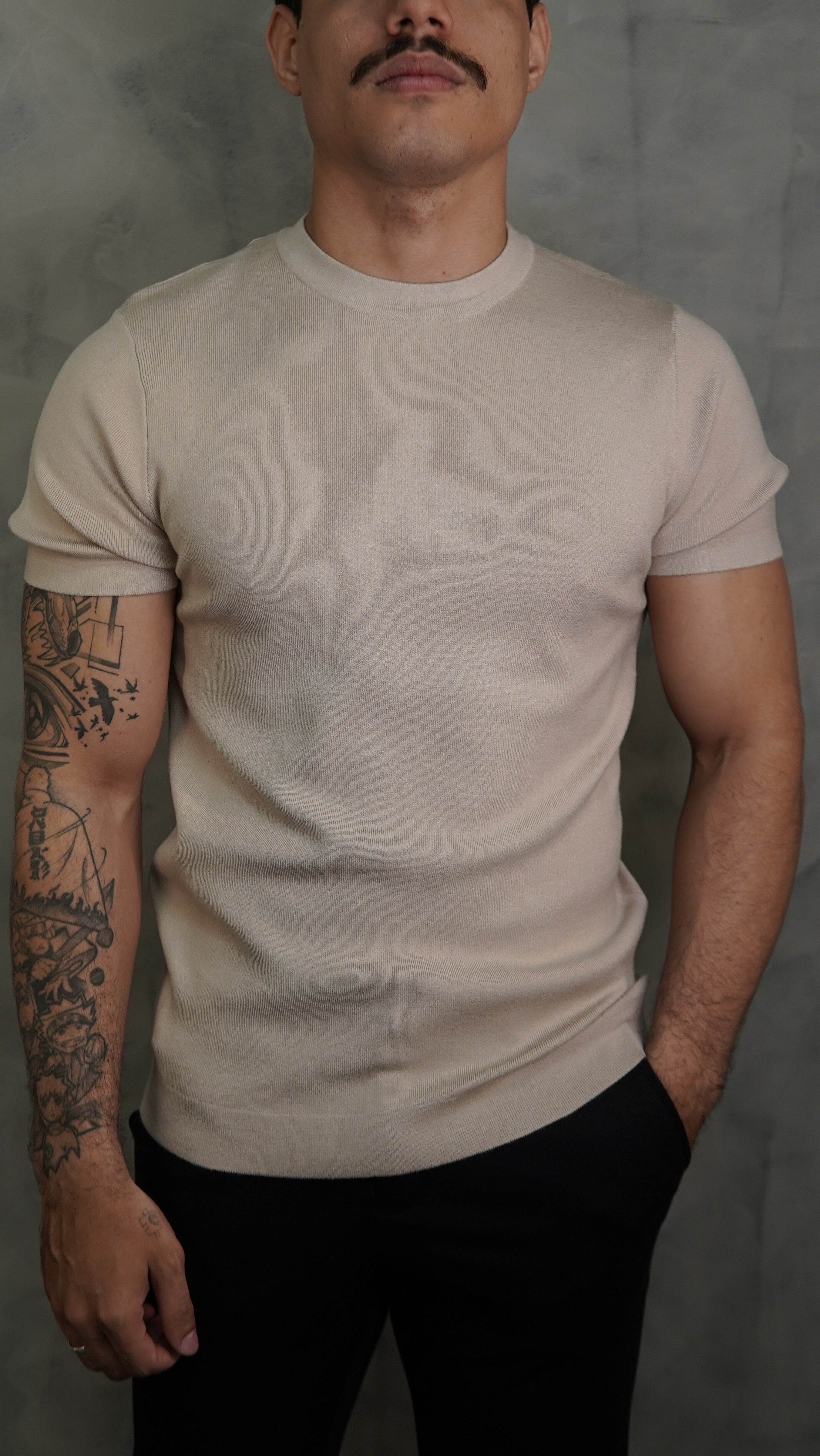 CAMISETA TRICOT GOLA REDONDA PONTO H BEGE