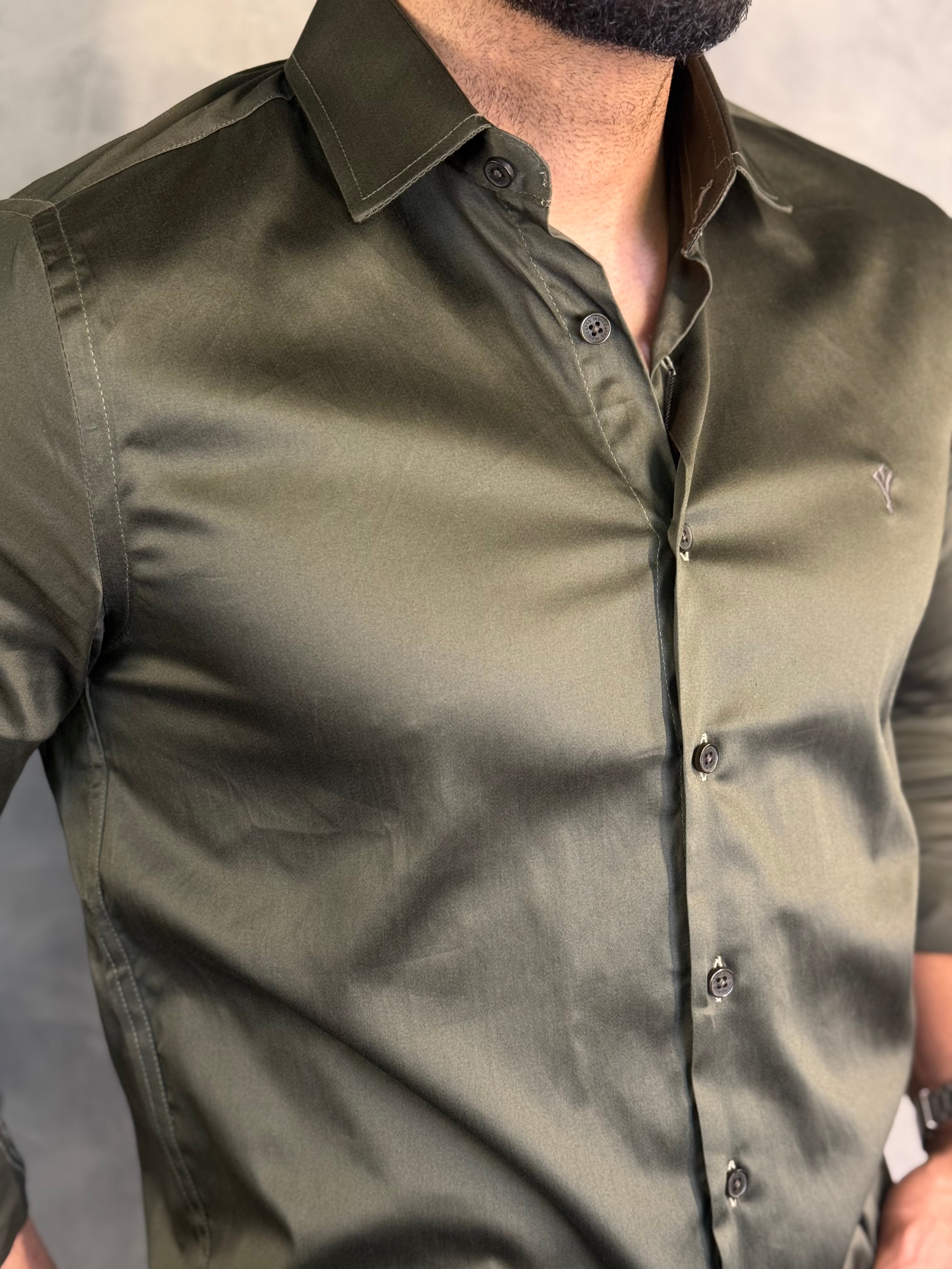 CAMISA ACETINADA STRETCH SLIM FIT M/L INDICCATTO VERDE MUSGO