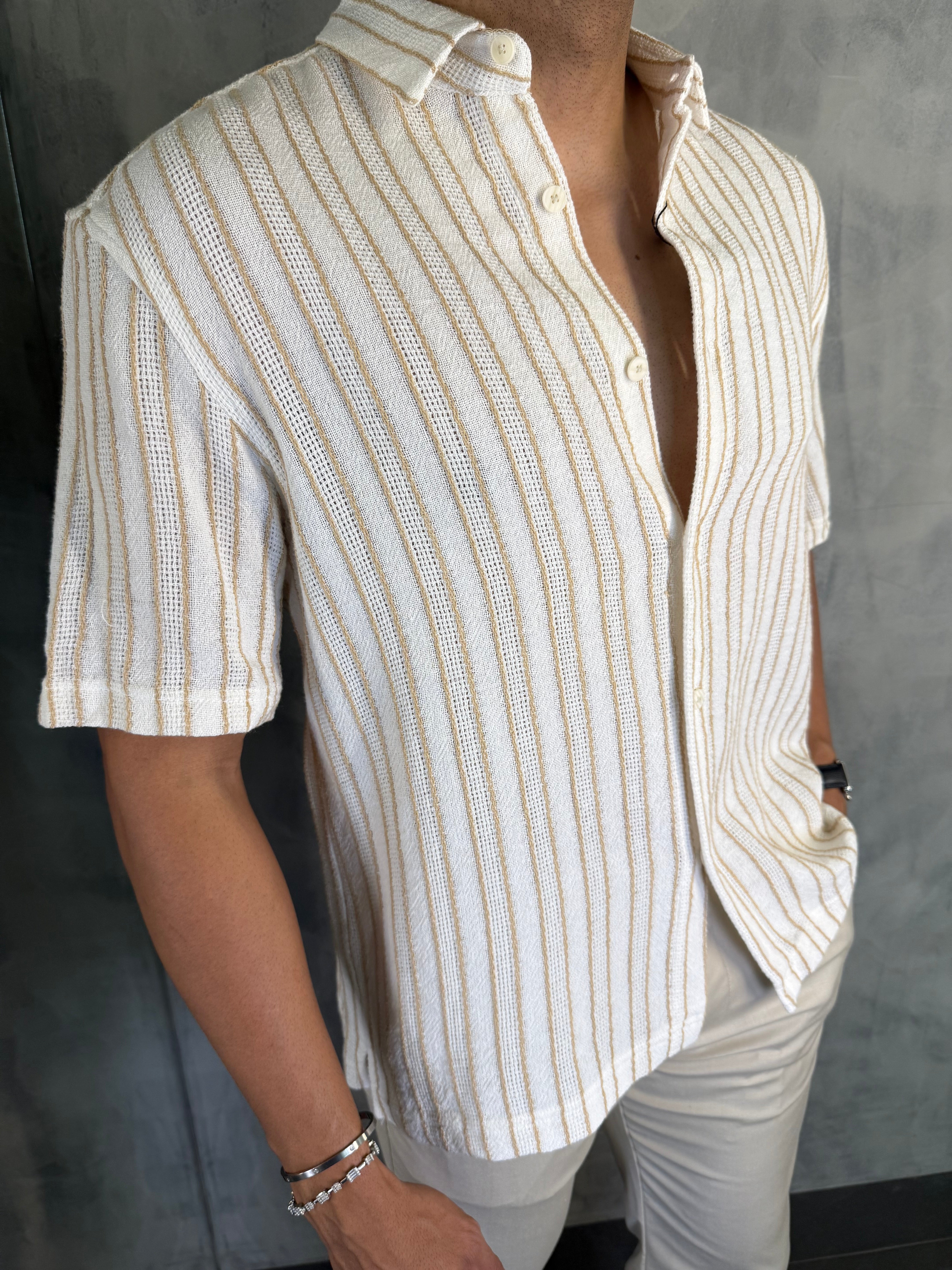 CAMISA M/C TRICOT LISTRADO PONTO H OFF WHITE