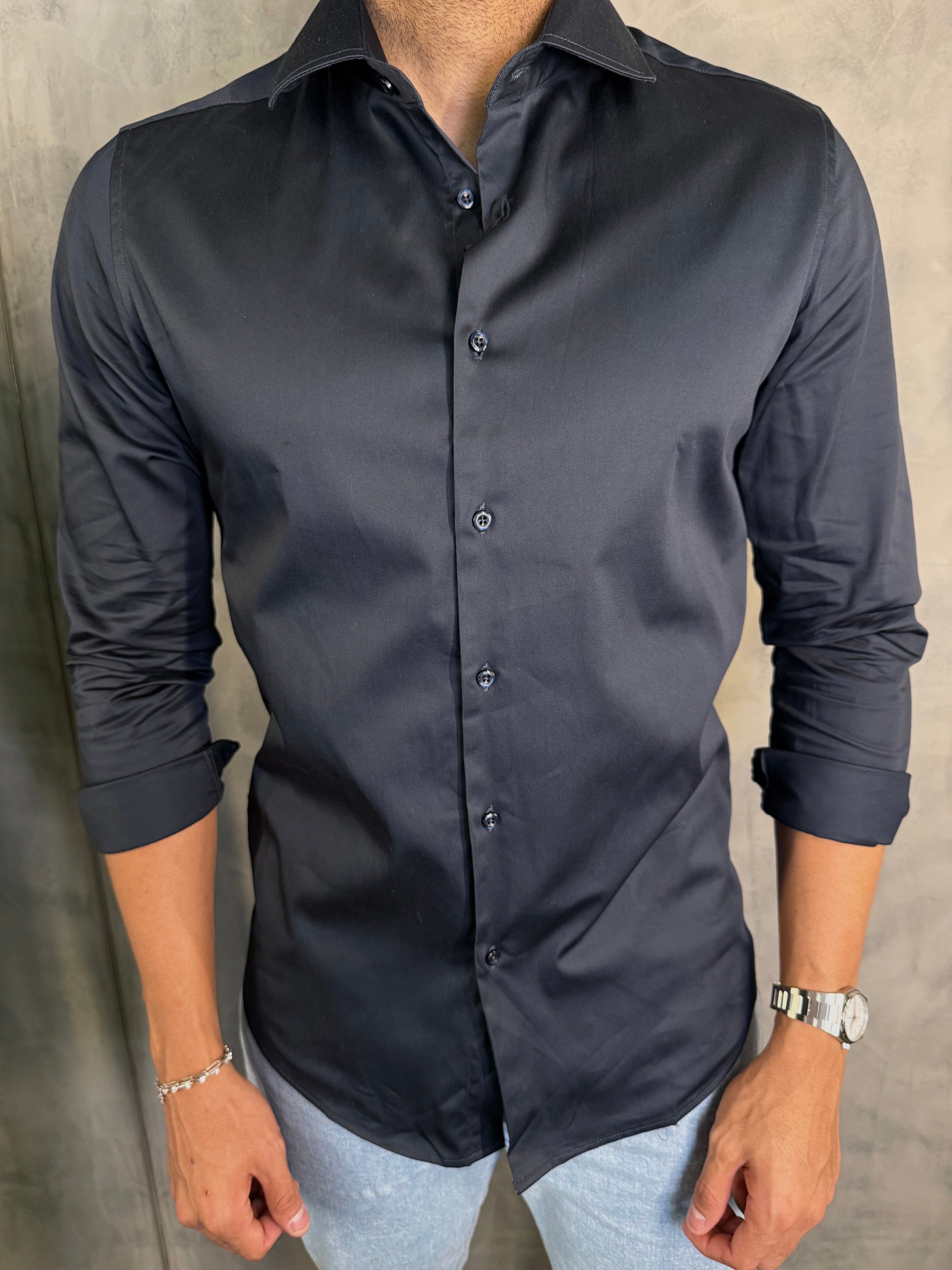 CAMISA M/L CETIM ELASTANO PONTO H MARINHO