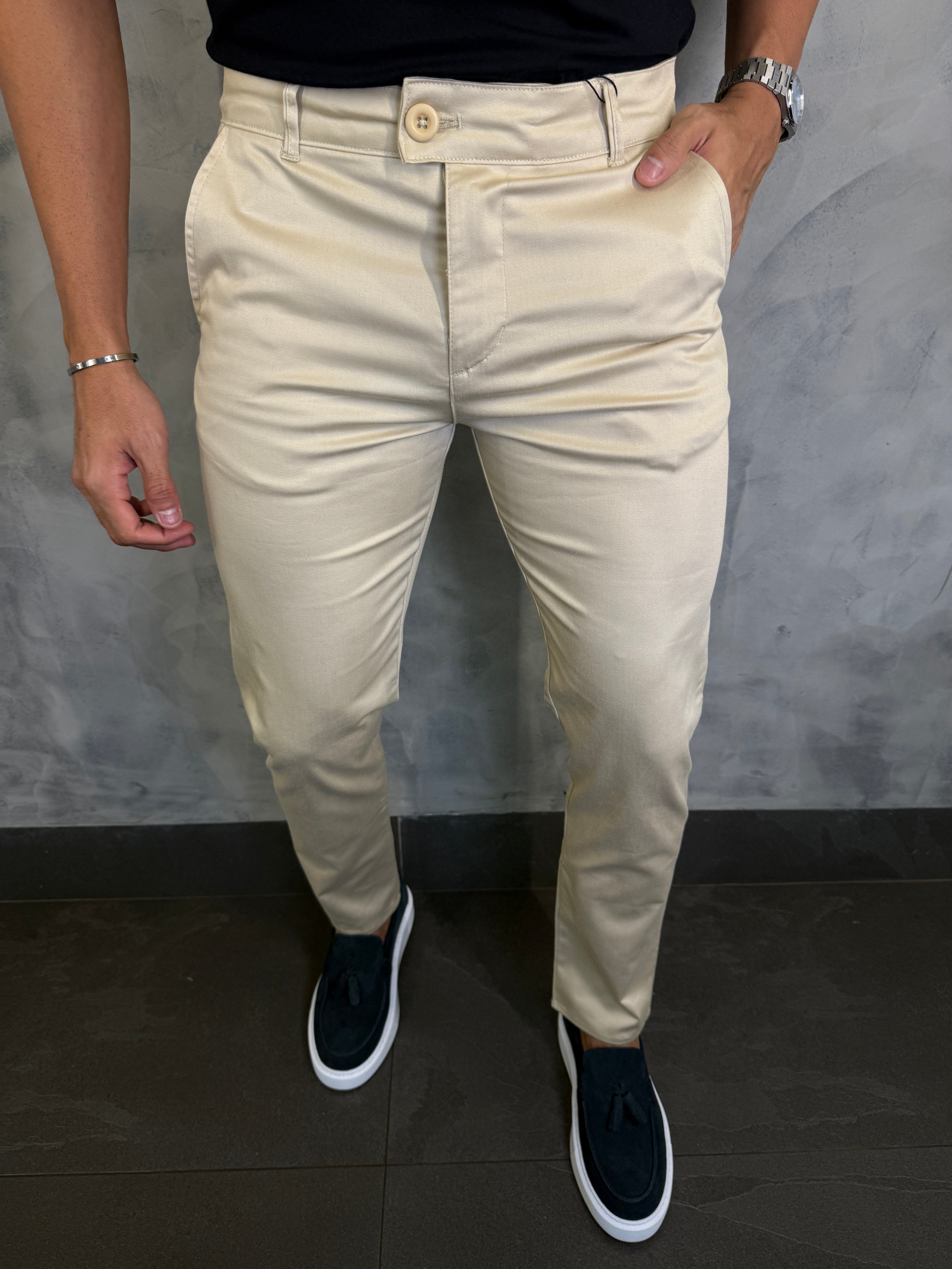 CALÇA SARJA ACETINADA PONTO H BEGE