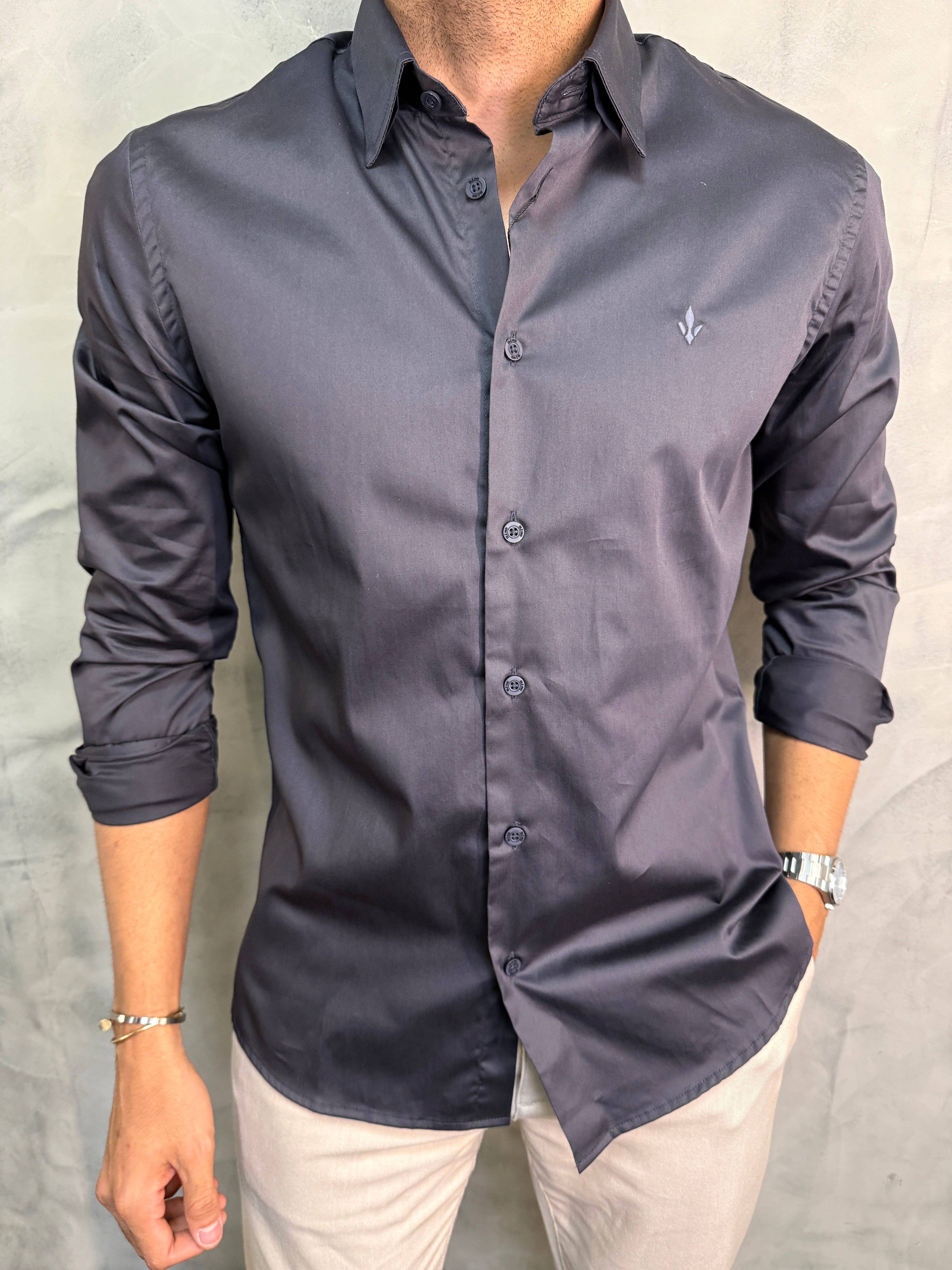 CAMISA M/L ALGODÃO EGÍPCIO SLIM SELECT DLZ CINZA CARBONO