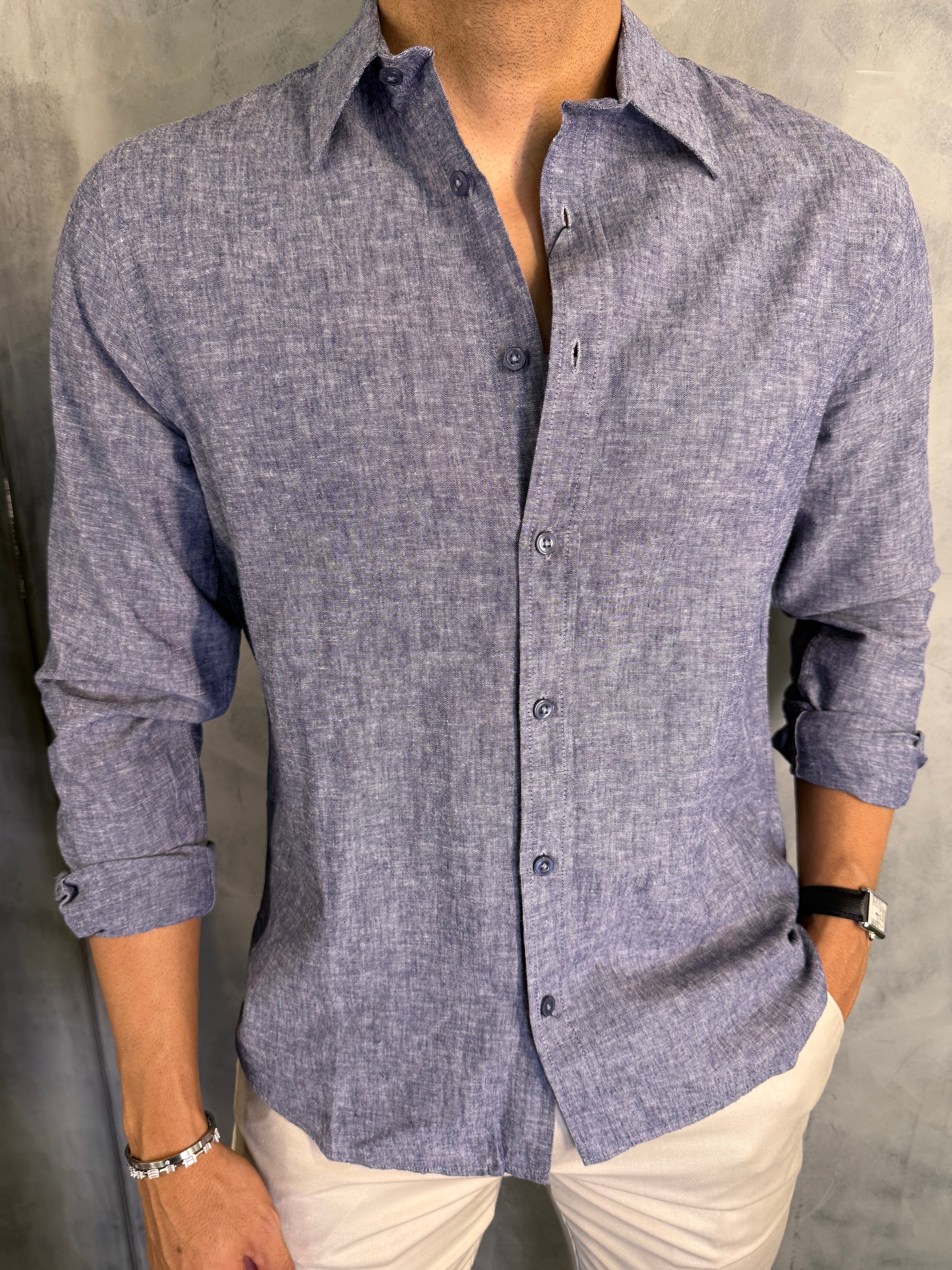 CAMISA M/L LINHO FIO TINTO PONTO H