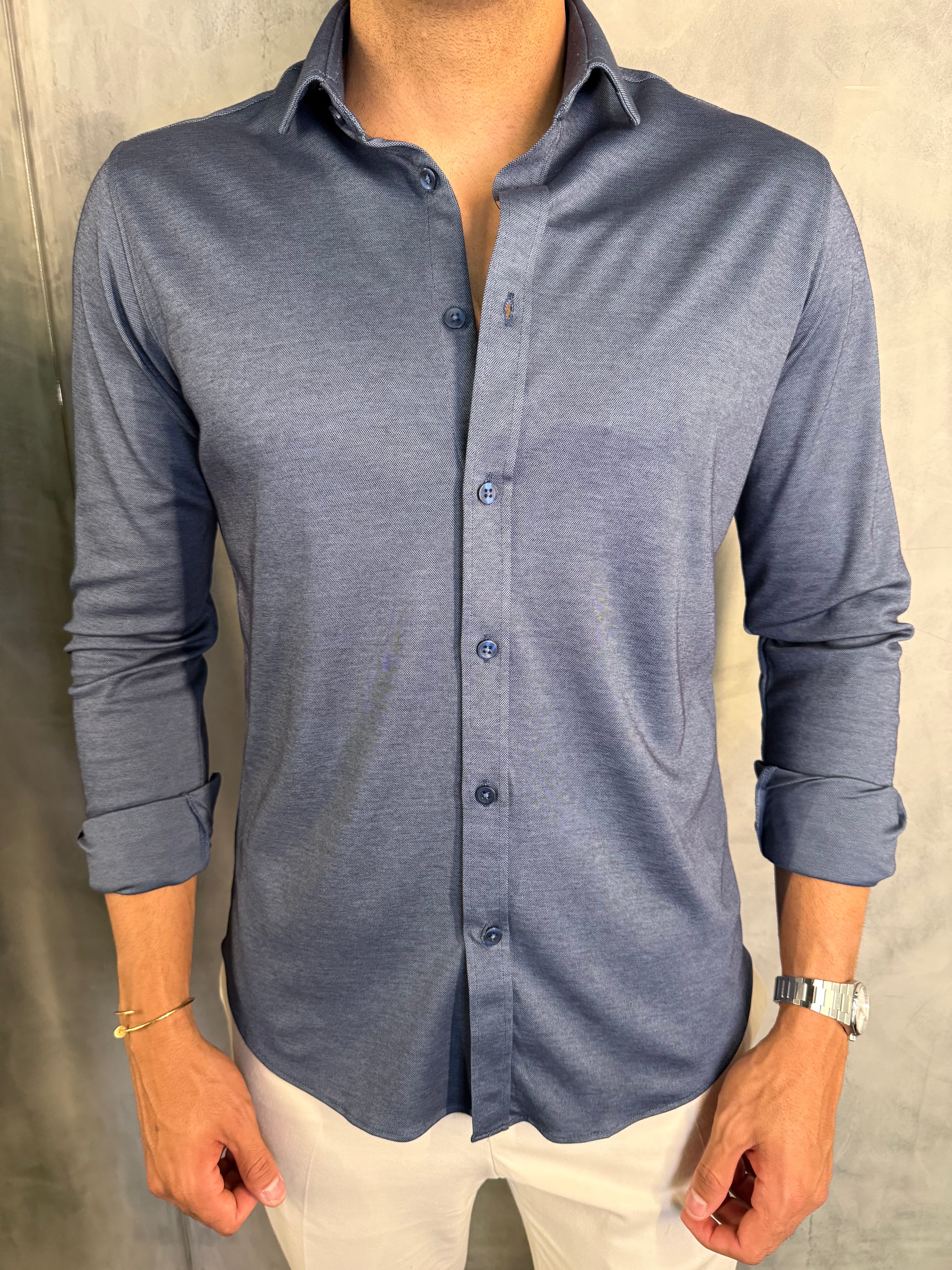 CAMISA M/L ALGODÃO PIMA PONTO H AZUL MARINHO