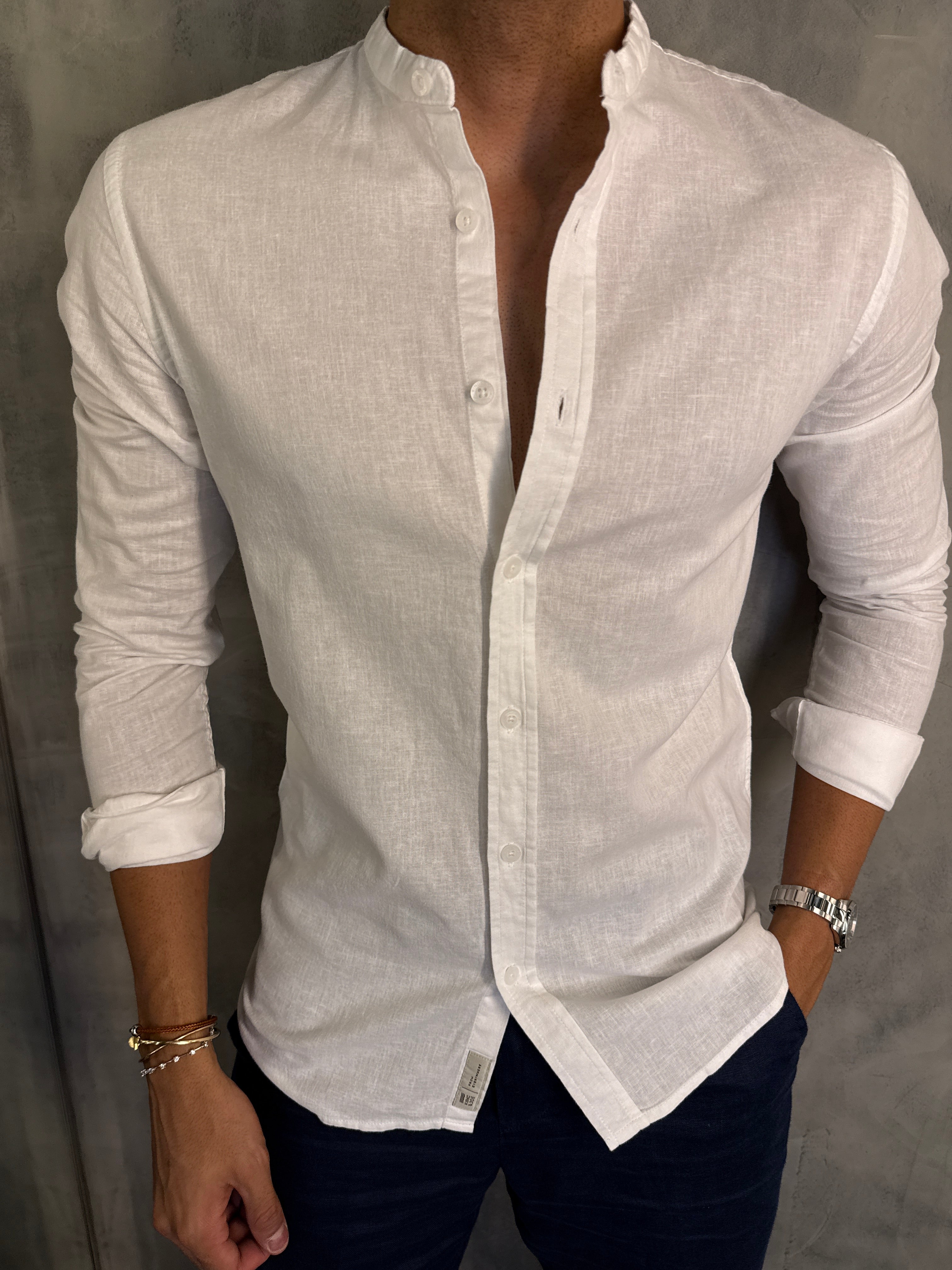 CAMISA M/L GOLA PADRE LINHO CASUAL KINGEJOE BRANCO