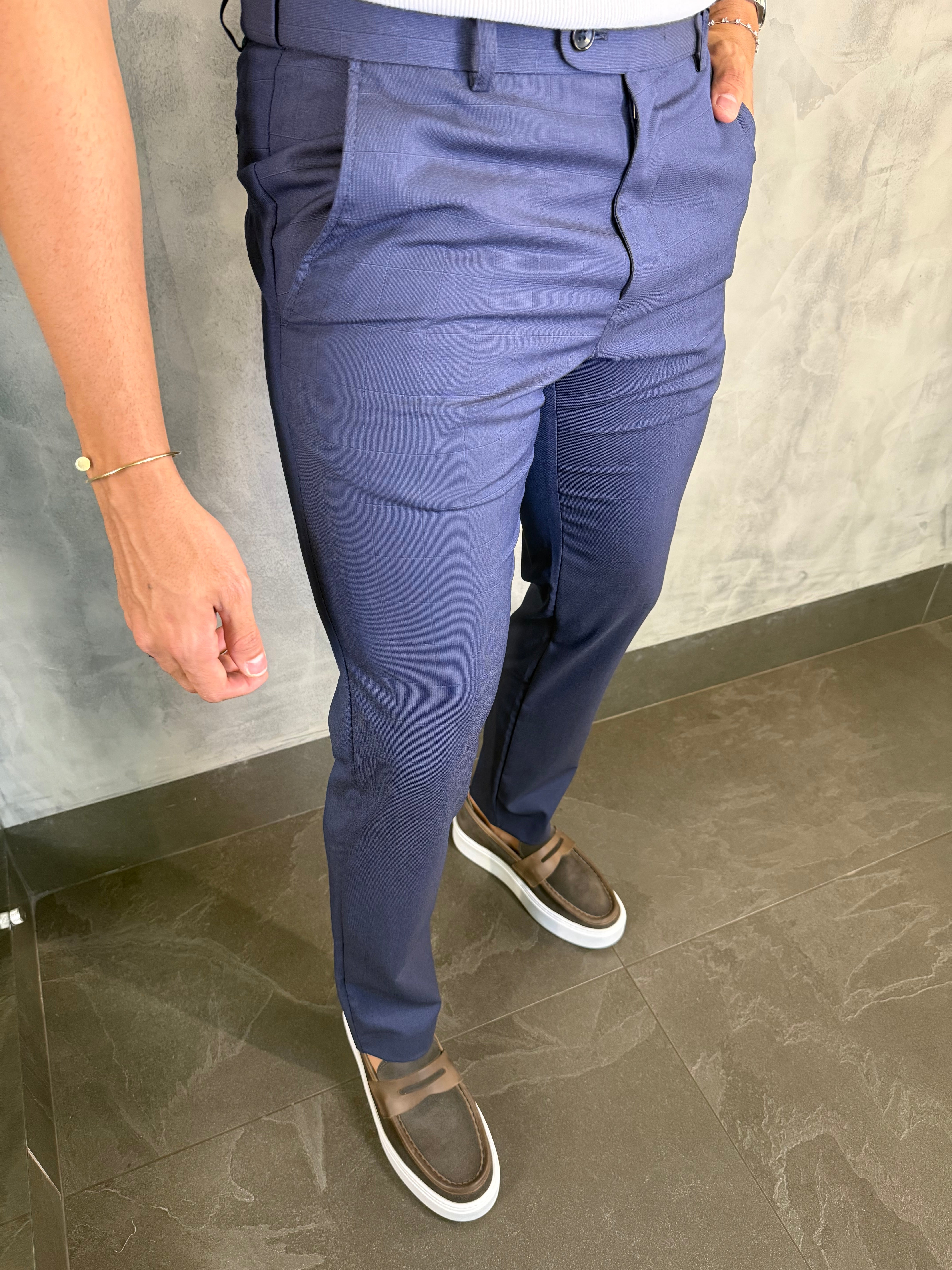 CALÇA ALF SLIM XADREZ CINTURA ELÁSTICA PONTO H MARINHO