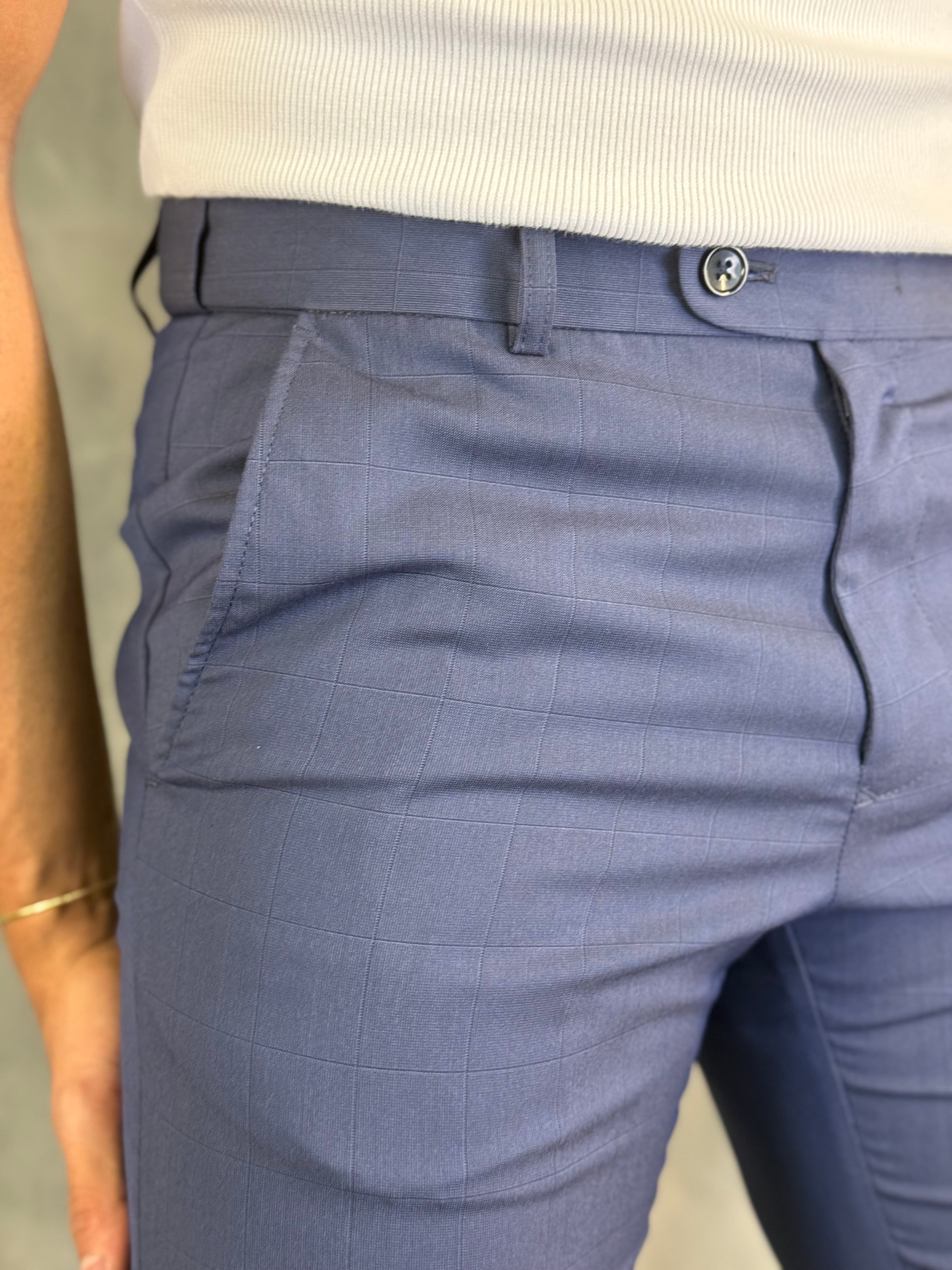 CALÇA ALF SLIM XADREZ CINTURA ELÁSTICA PONTO H MARINHO