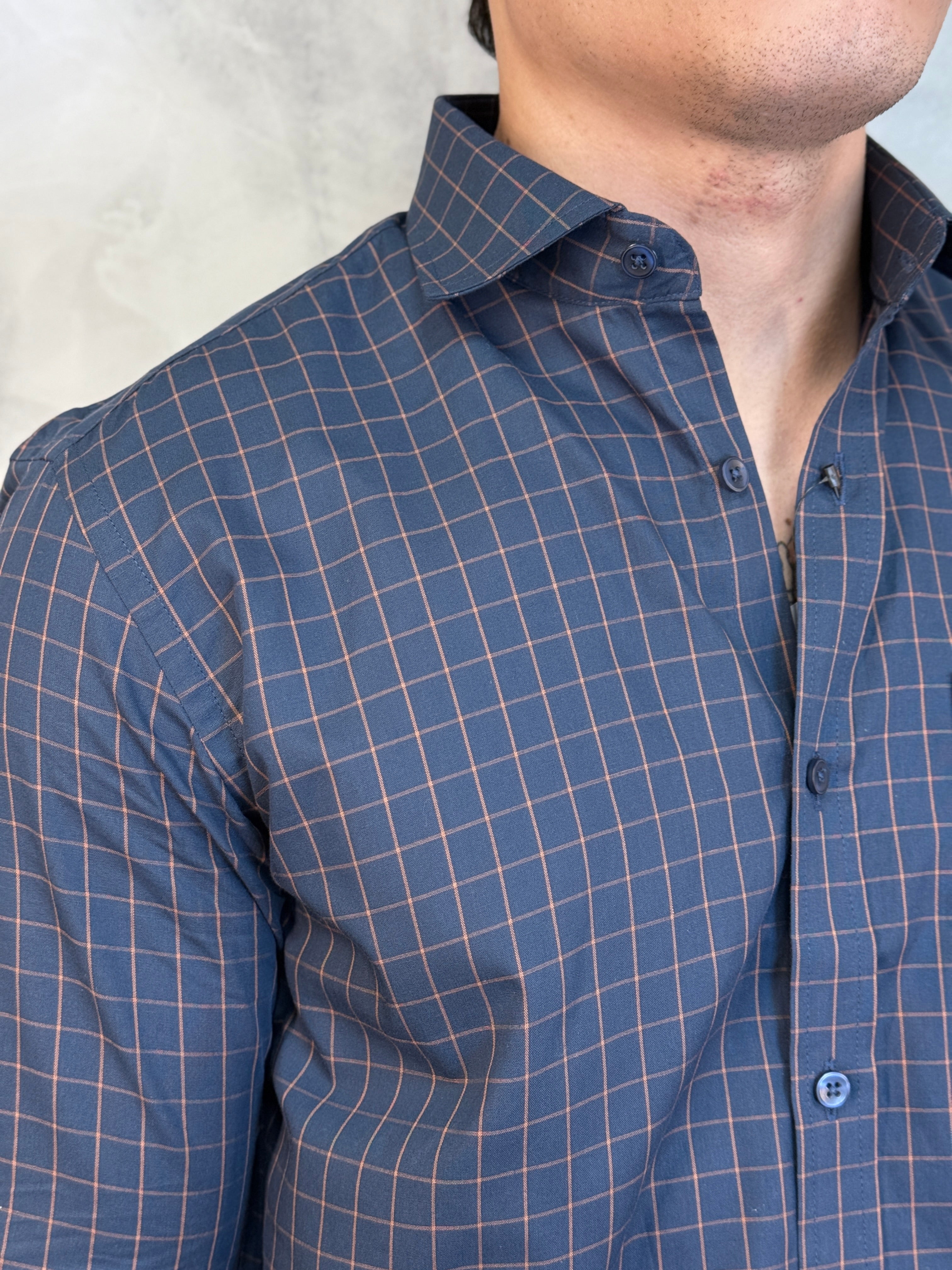 CAMISA M/L ALGODÃO EGÍPCIO XADREZ PONTO H AZUL C/ MARROM