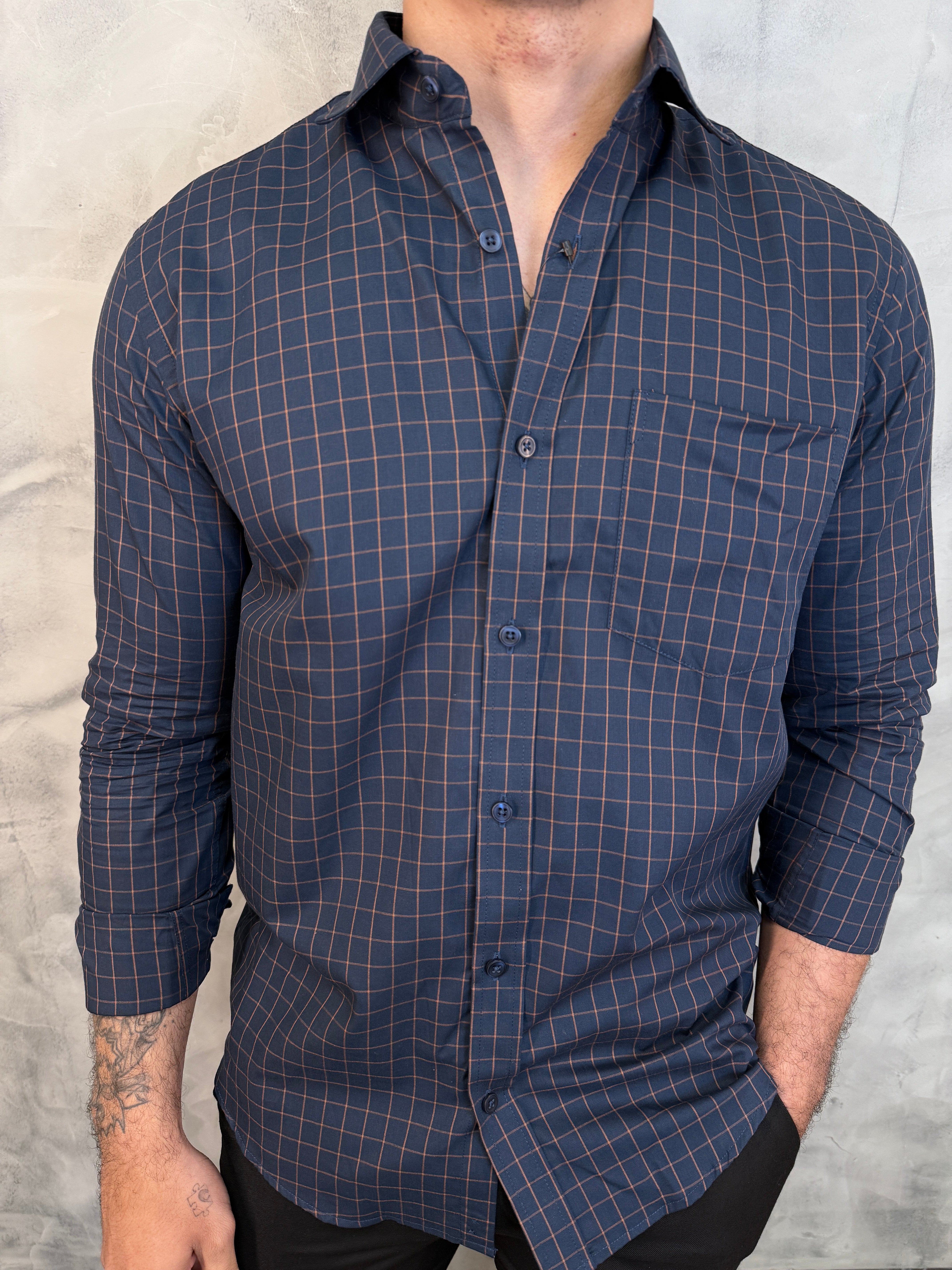 CAMISA M/L ALGODÃO EGÍPCIO XADREZ PONTO H AZUL C/ MARROM