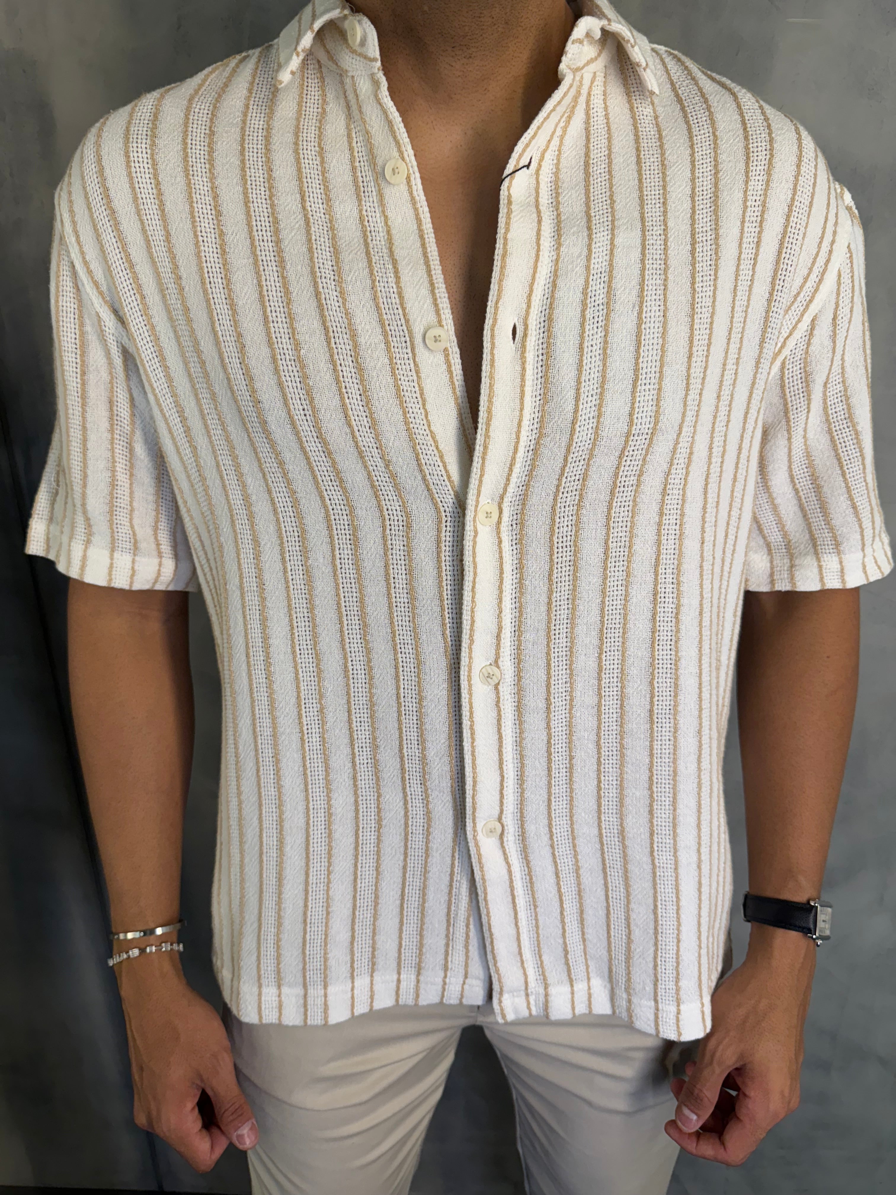 CAMISA M/C TRICOT LISTRADO PONTO H OFF WHITE