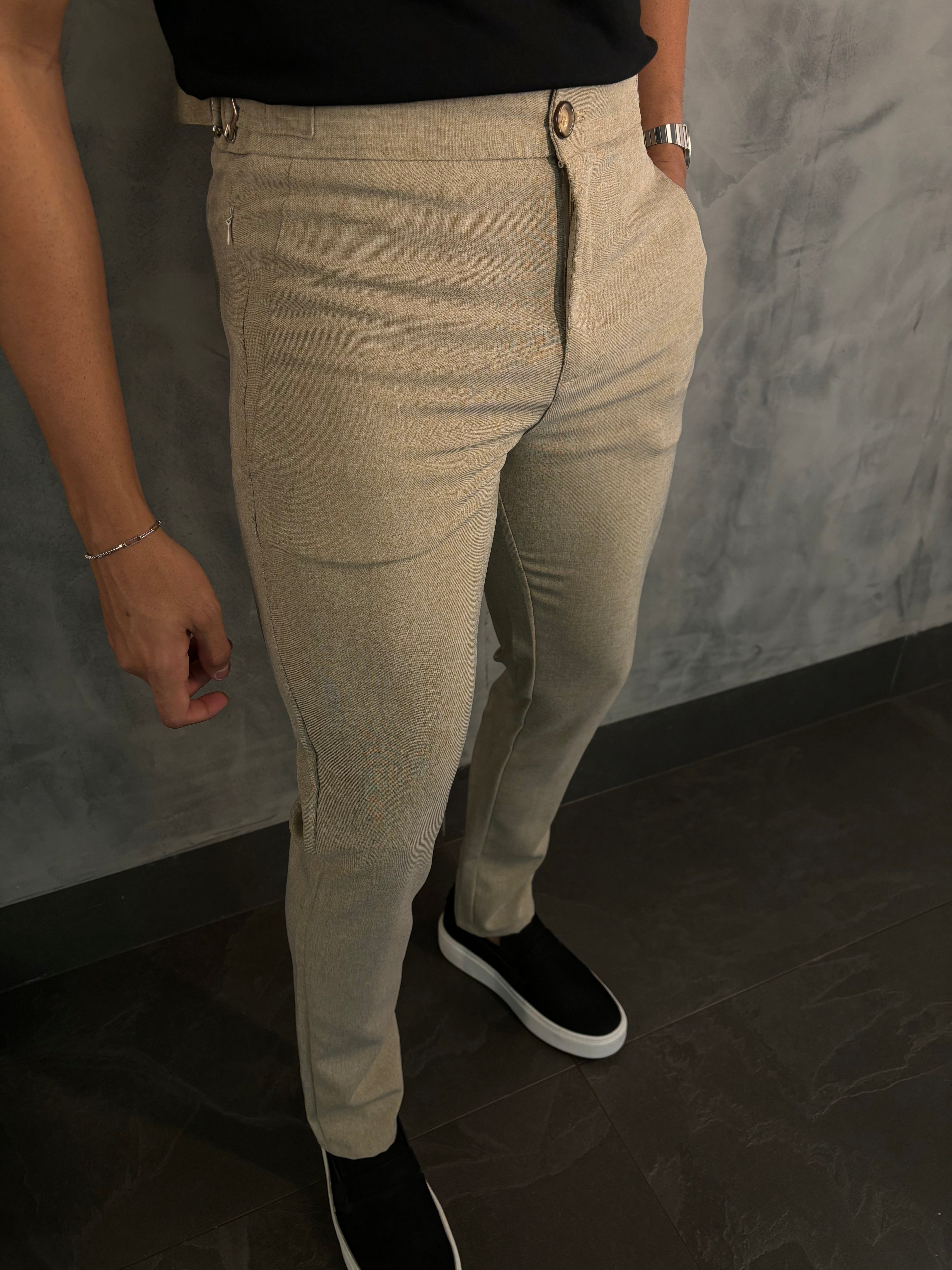 CALÇA ALF. BOLSO ZIPER PONTO H BEGE