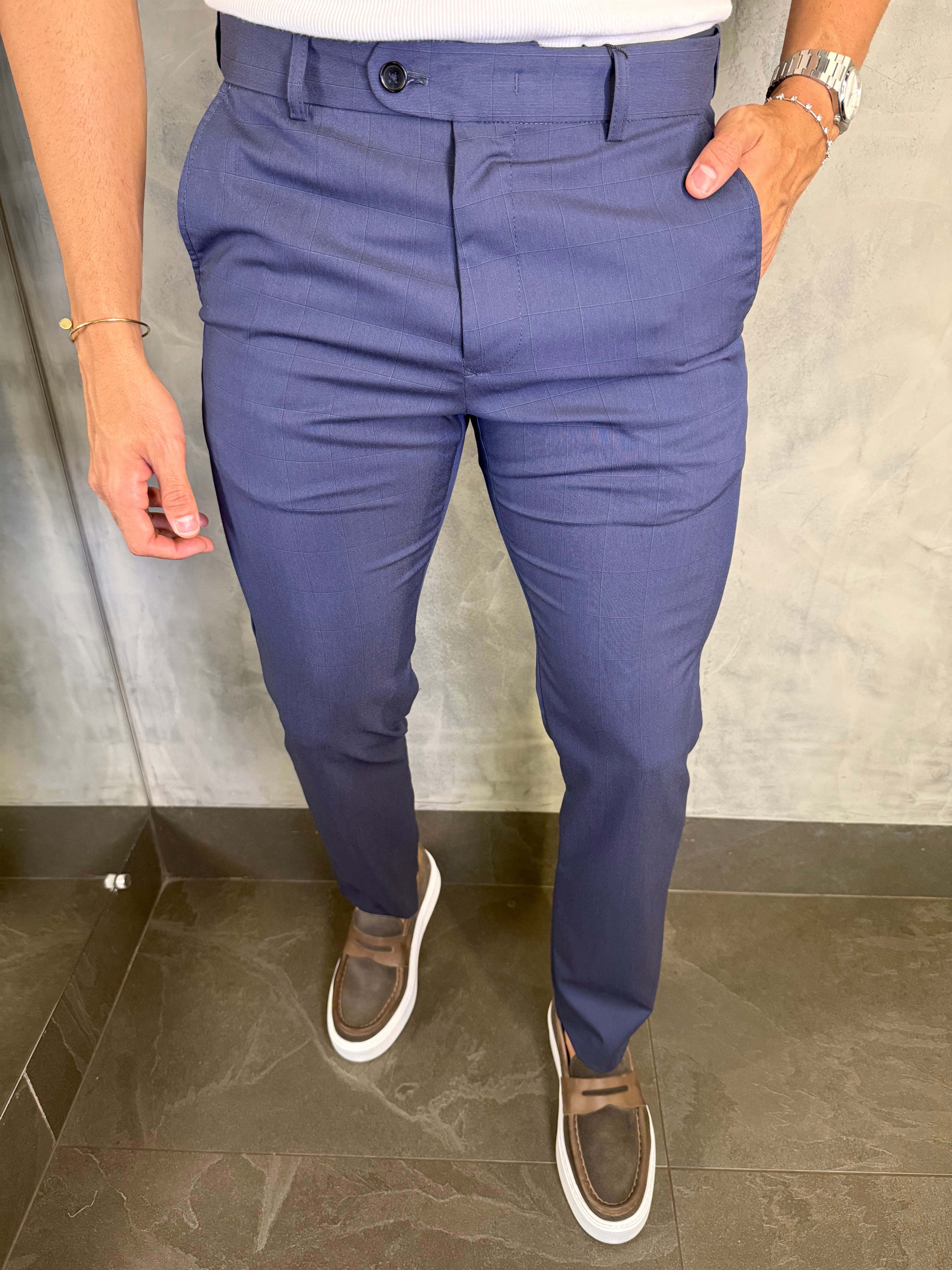 CALÇA ALF SLIM XADREZ CINTURA ELÁSTICA PONTO H MARINHO