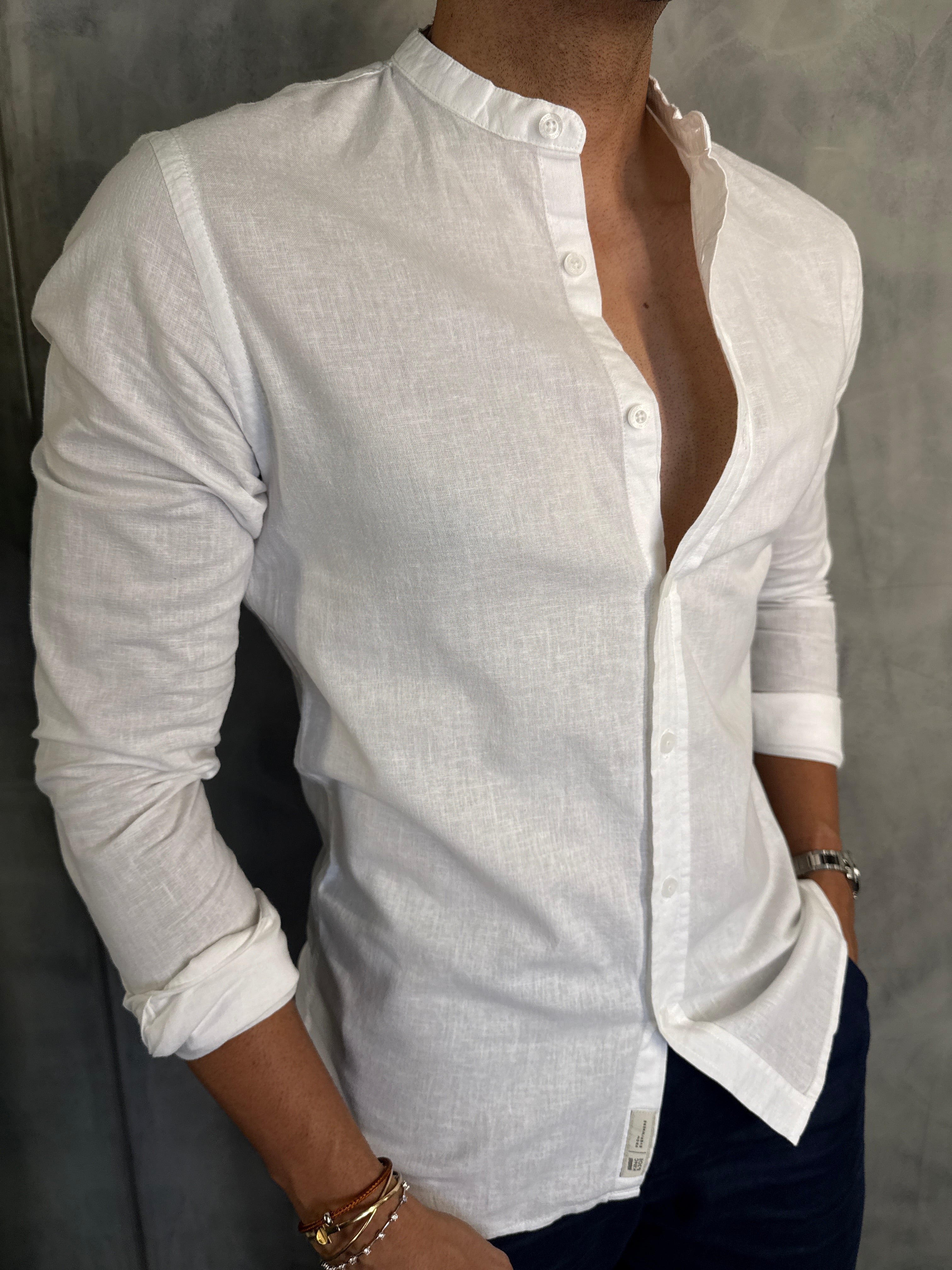 CAMISA M/L GOLA PADRE LINHO CASUAL KINGEJOE BRANCO