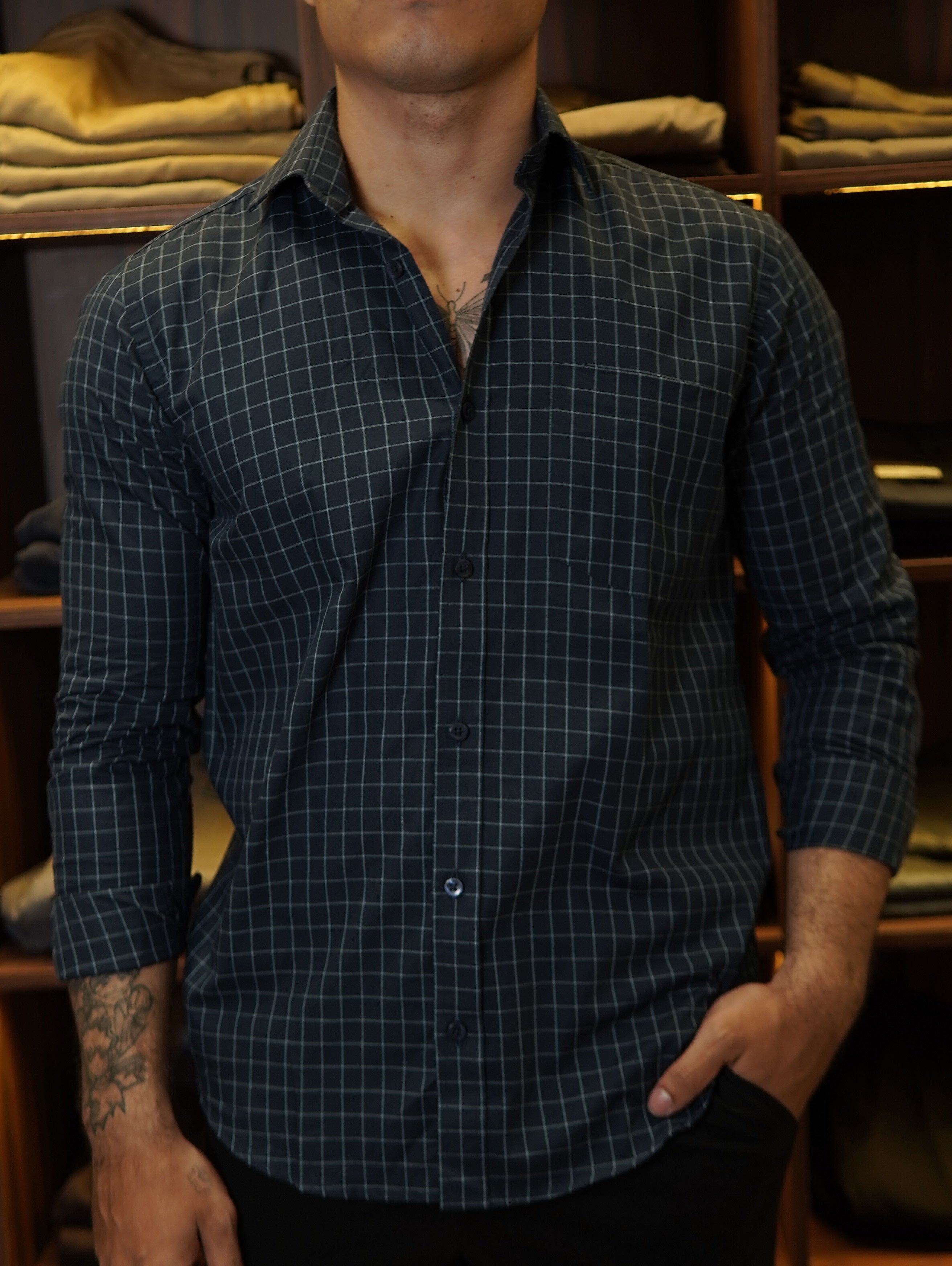 CAMISA M/L ALGODÃO EGÍPCIO XADREZ PONTO H AZUL