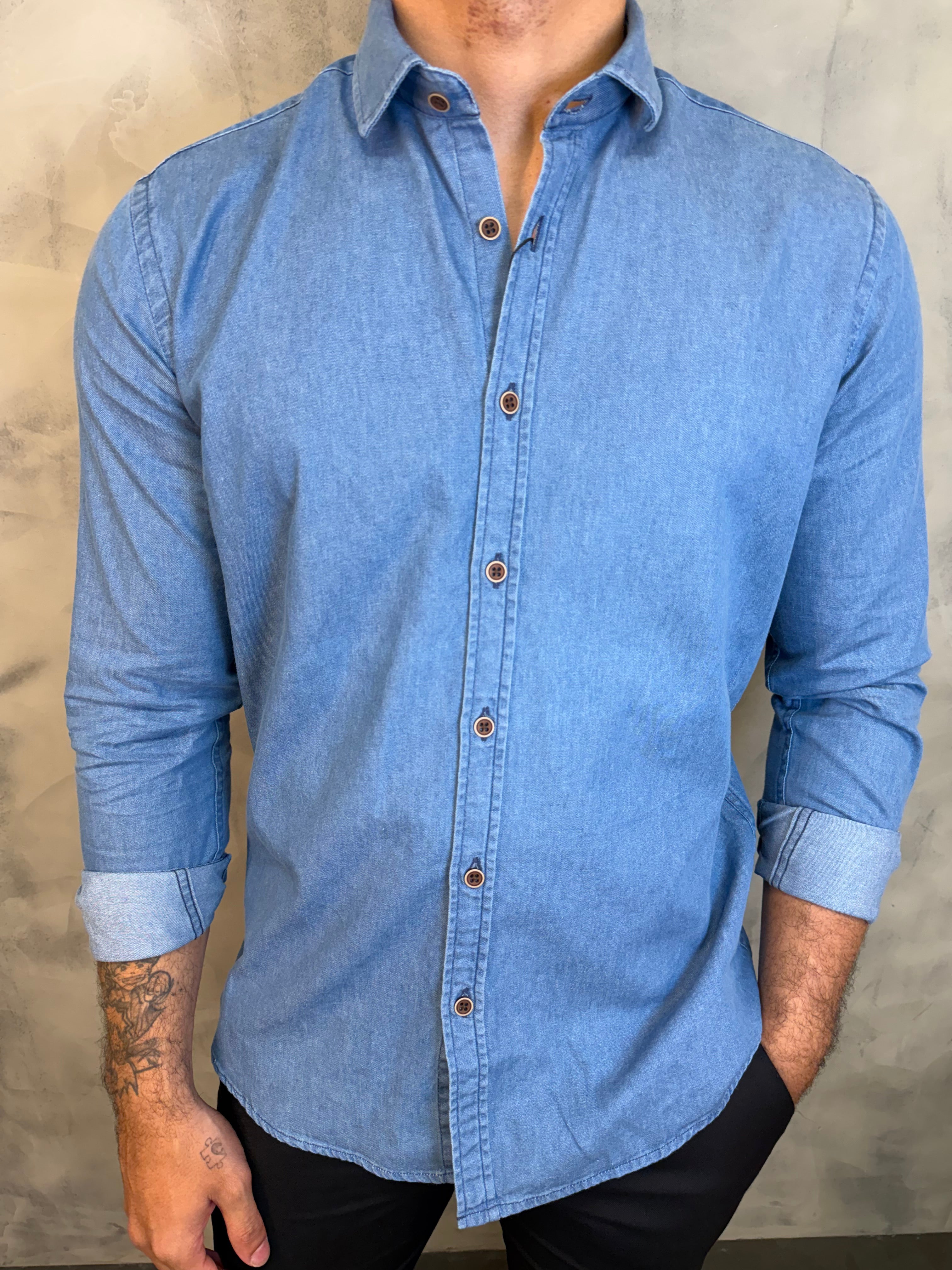 CAMISA M/L JEANS PONTO H JEANS ESCURO