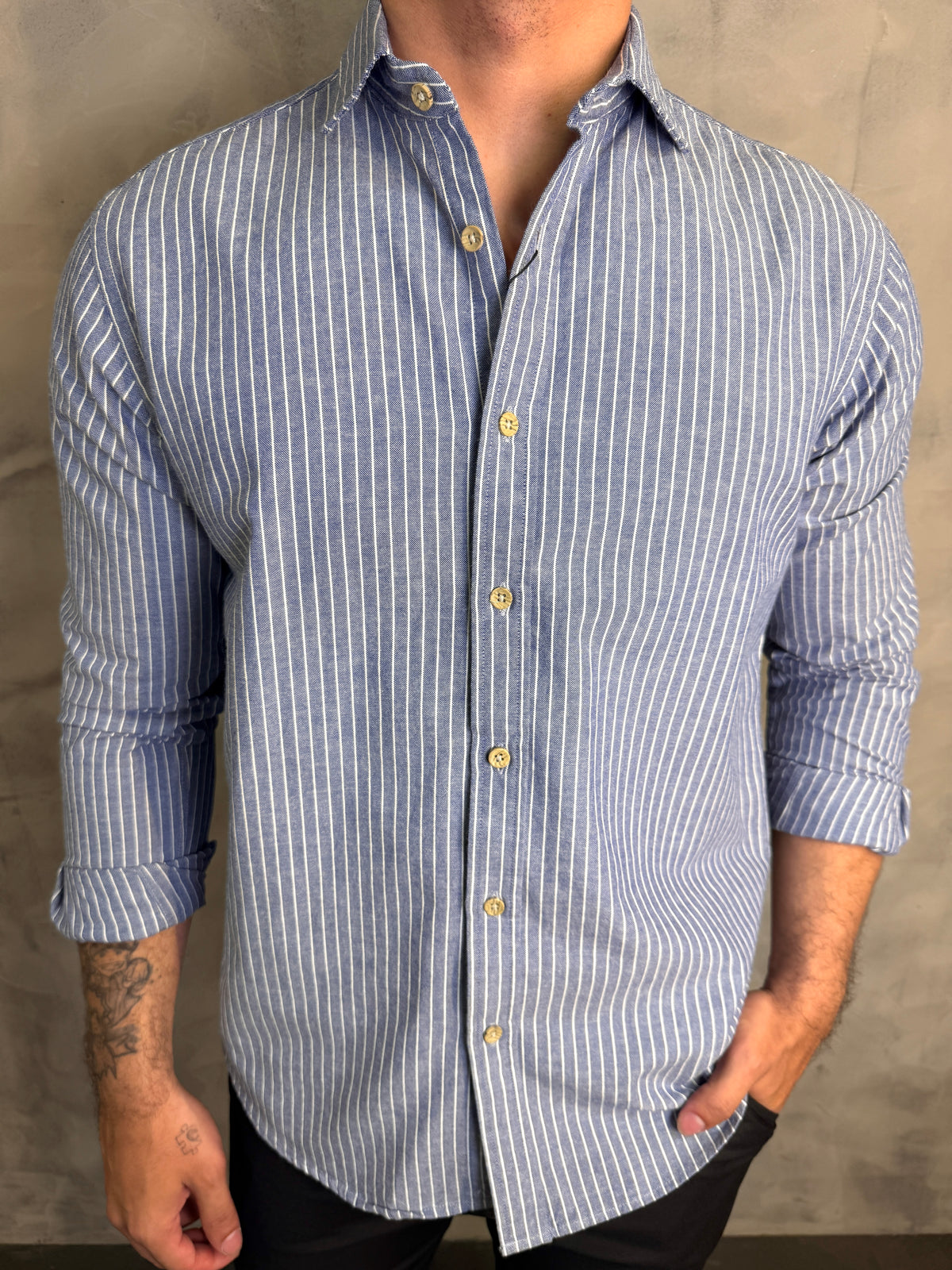 CAMISA M/L PURO ALGODÃO LISTRAS ARMIATHO AZUL
