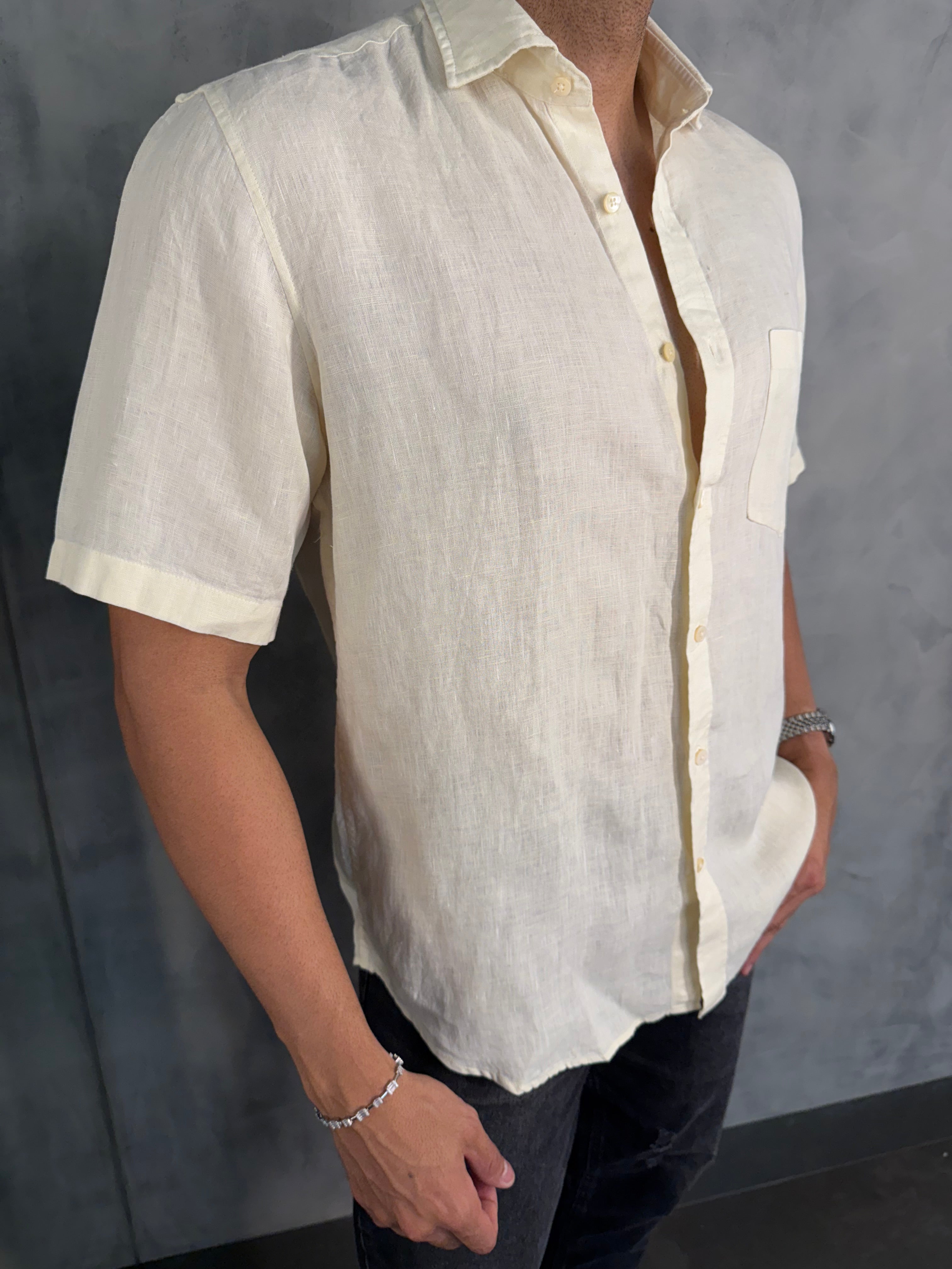 CAMISA M/C PURO LINHO PONTO H AMARELO CLARO