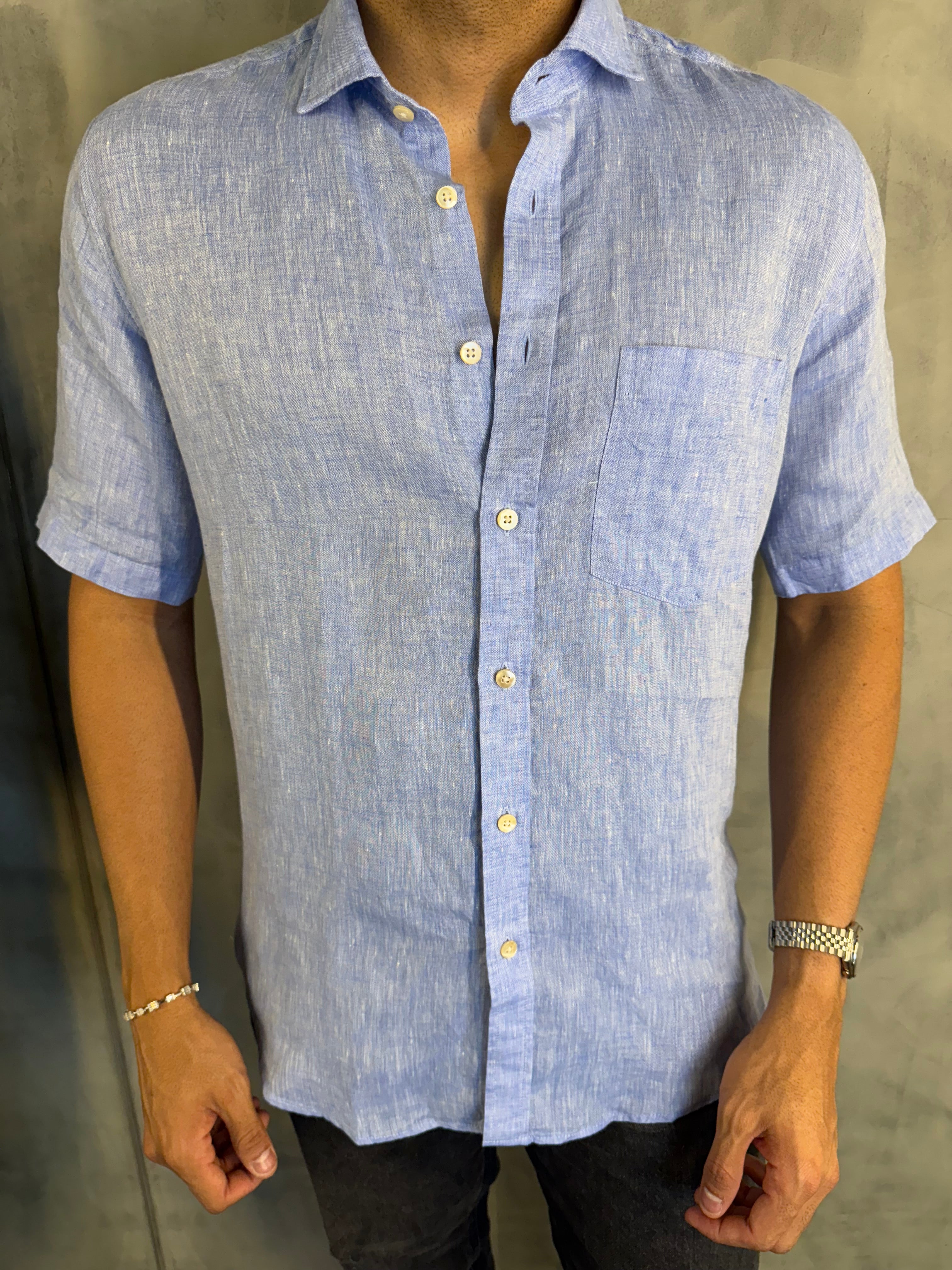 CAMISA M/C PURO LINHO PONTO H AZUL CÉU