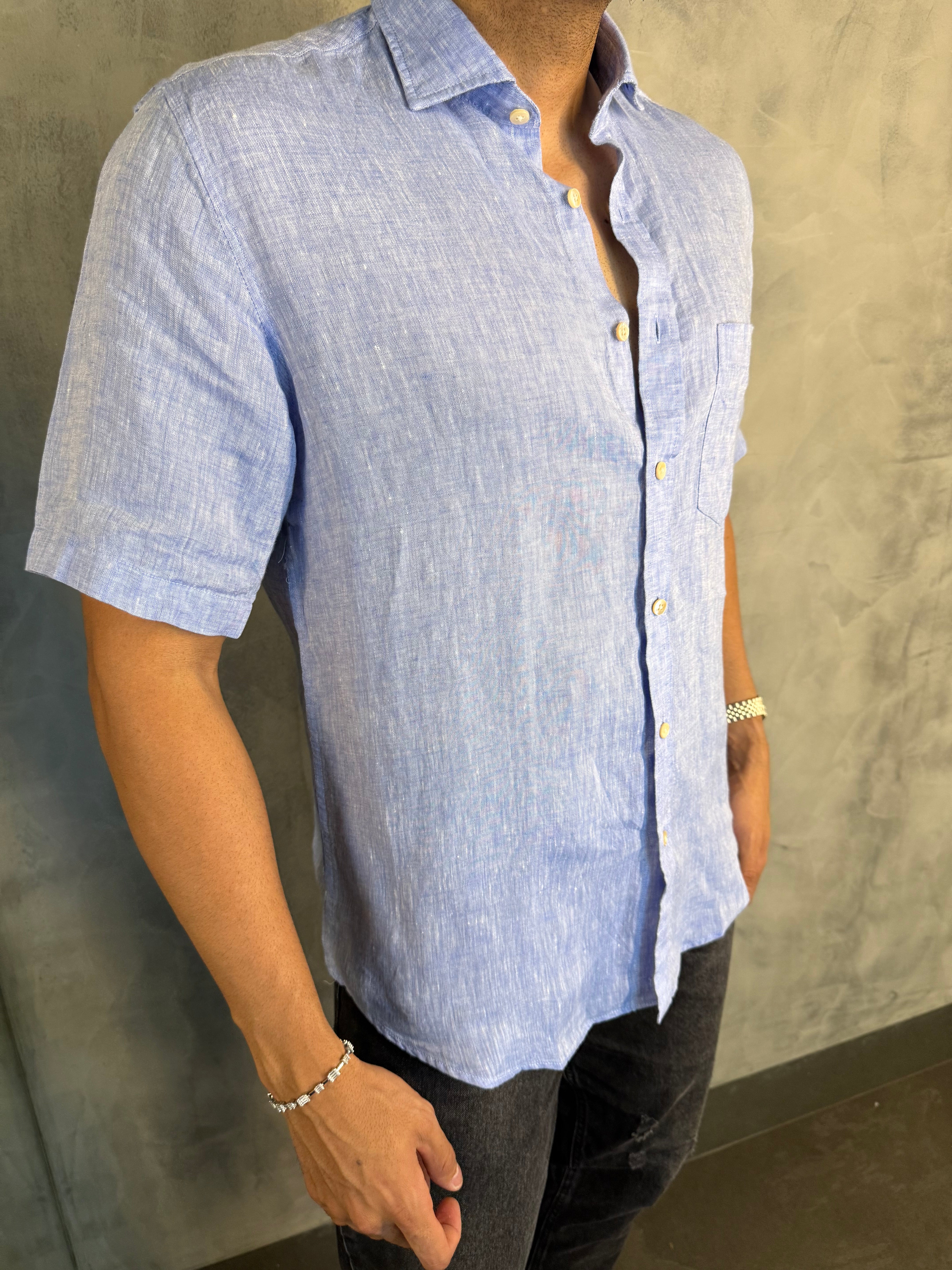 CAMISA M/C PURO LINHO PONTO H AZUL CÉU