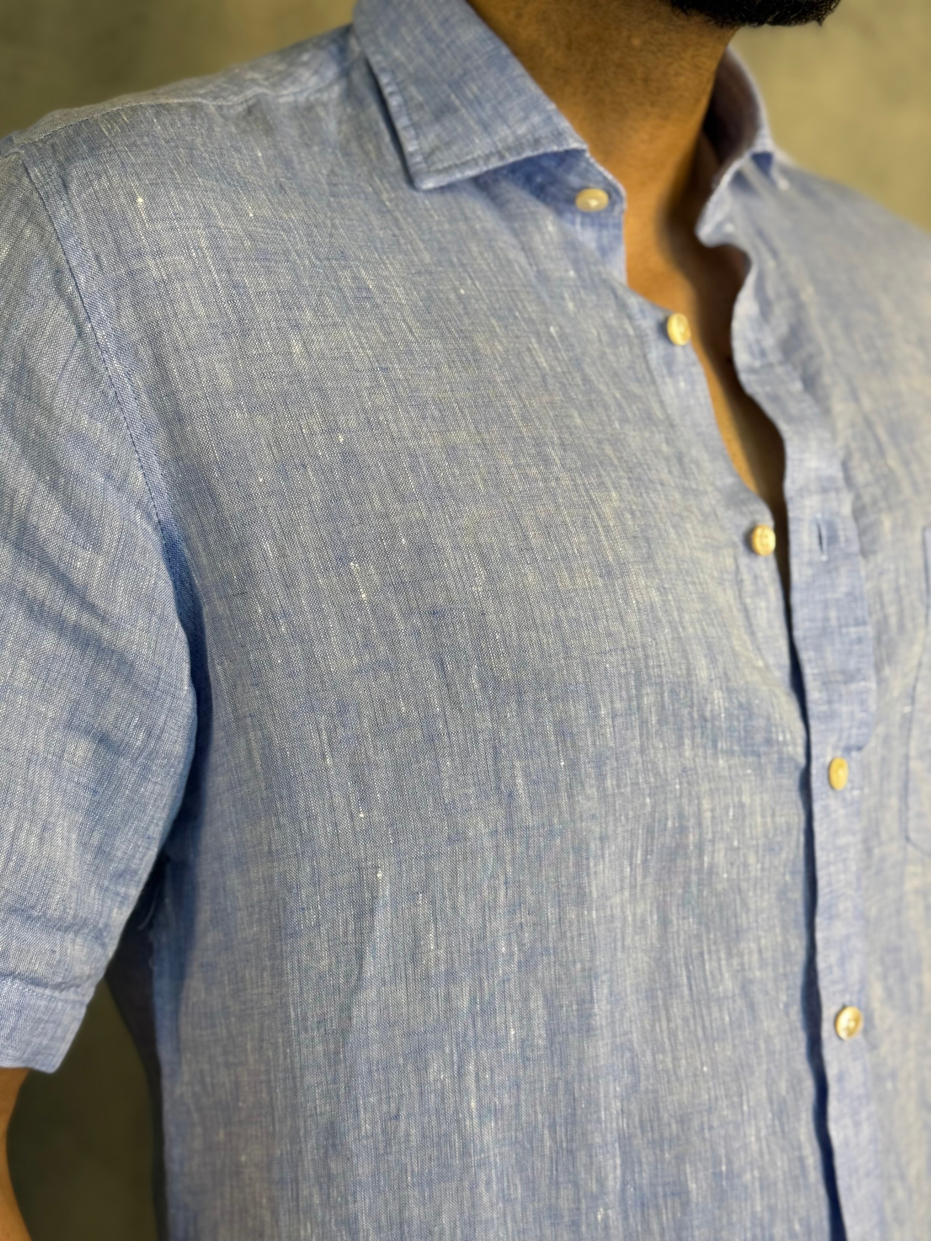 CAMISA M/C PURO LINHO PONTO H AZUL CÉU