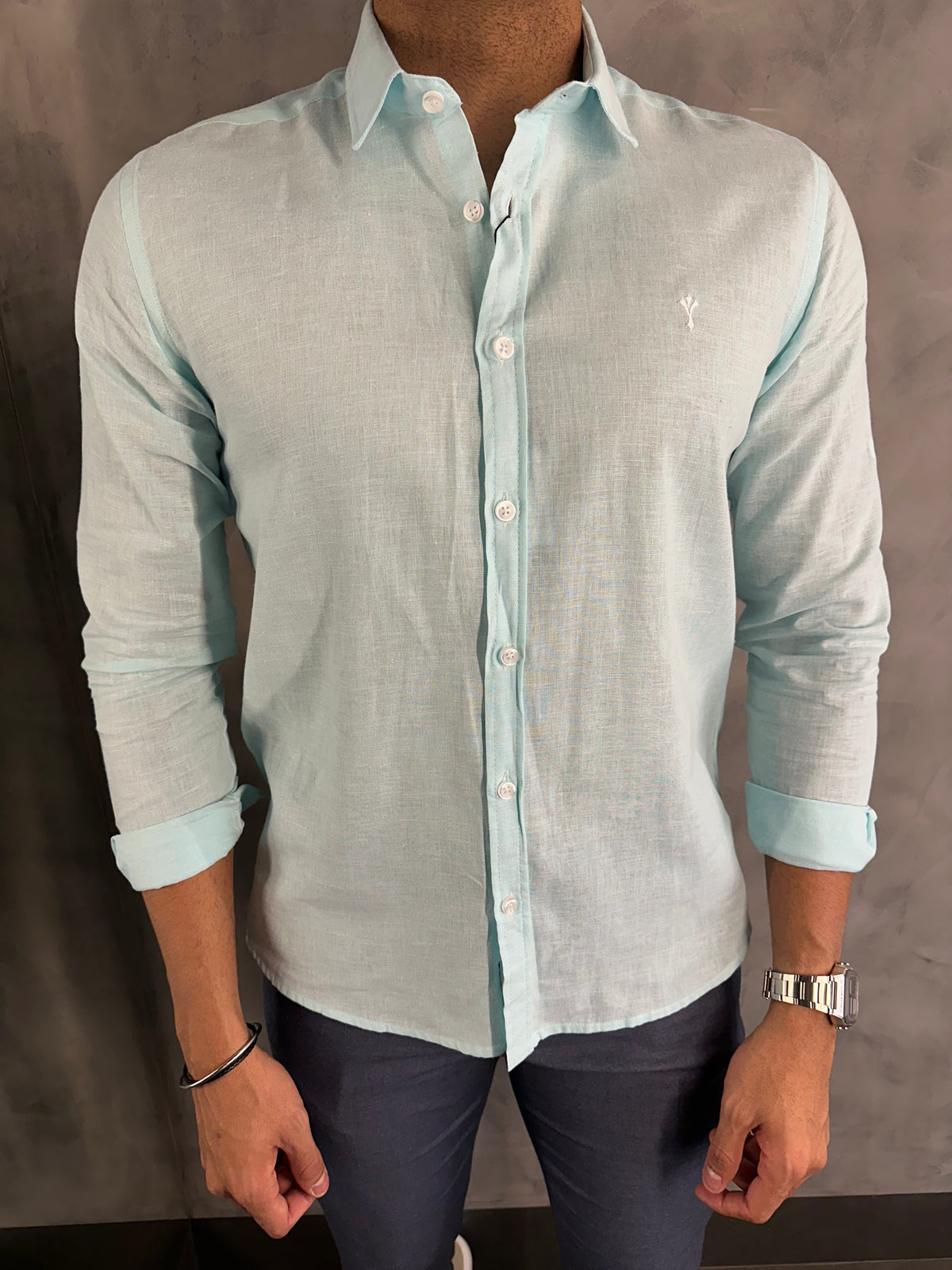 CAMISA DE LINHO M/L INDICCATTO VERDE AGUA