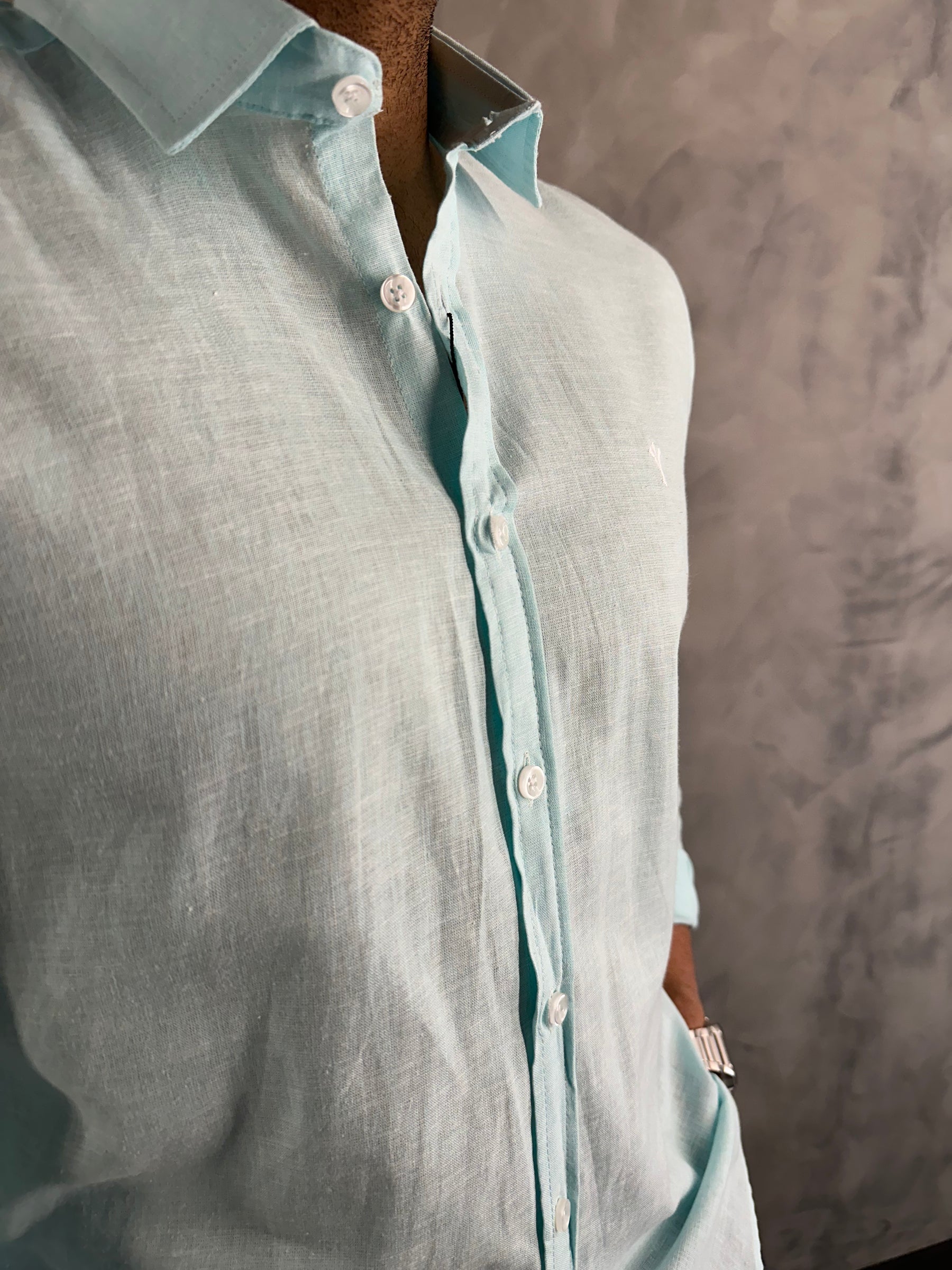 CAMISA DE LINHO M/L INDICCATTO VERDE AGUA