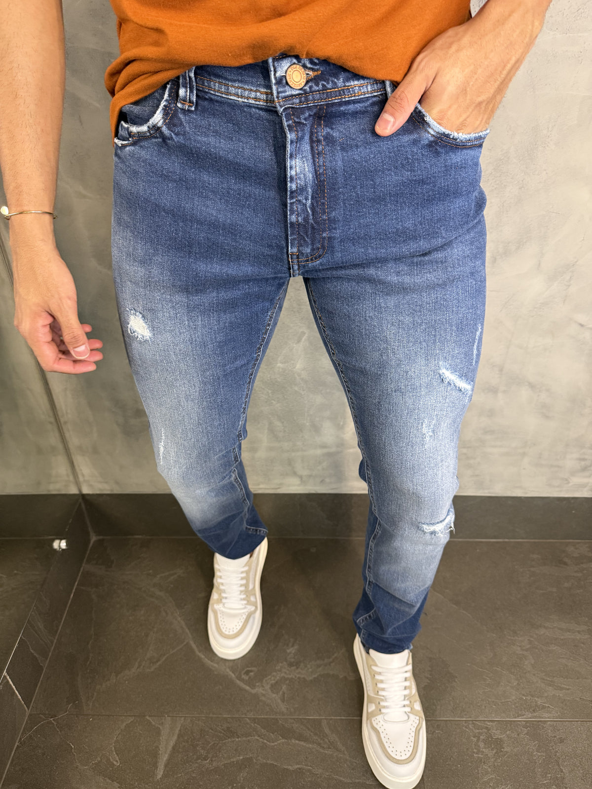 CALÇA JEANS SLIM SW FAKE DESTROYED DLZ AZUL MÉDIO