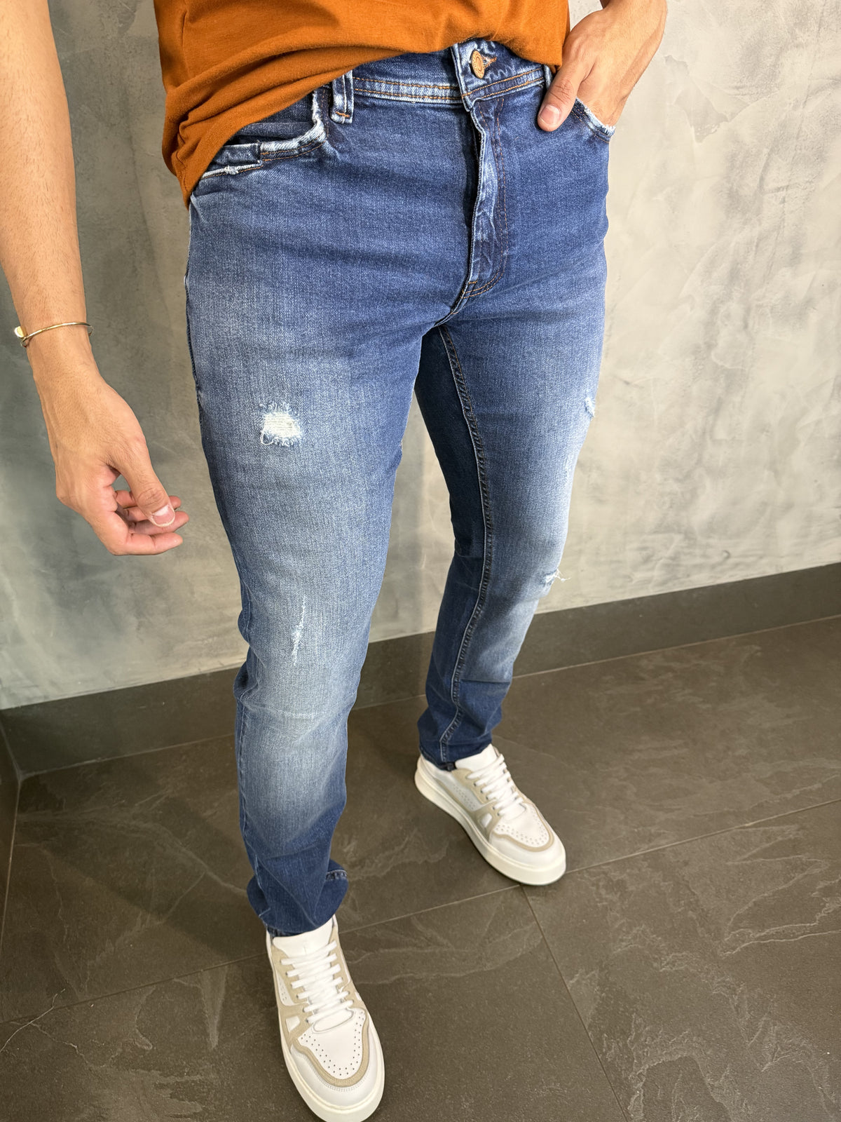 CALÇA JEANS SLIM SW FAKE DESTROYED DLZ AZUL MÉDIO